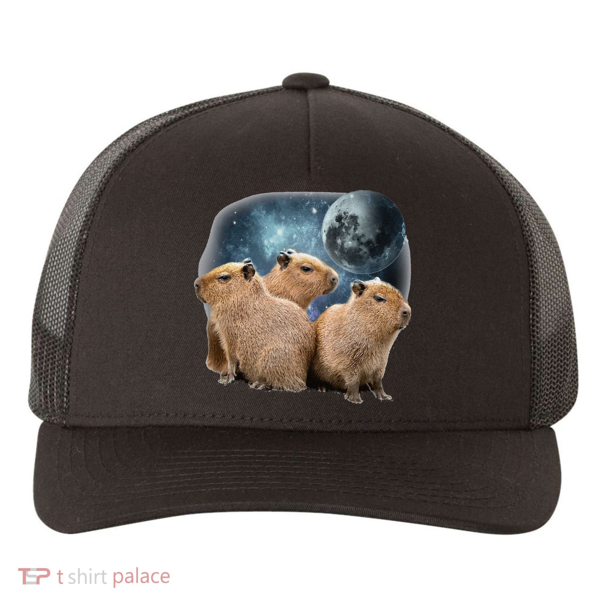 Three Capybaras And Moon Funny Capybara Humor Parody Yupoong Adult 5-Panel Trucker Hat