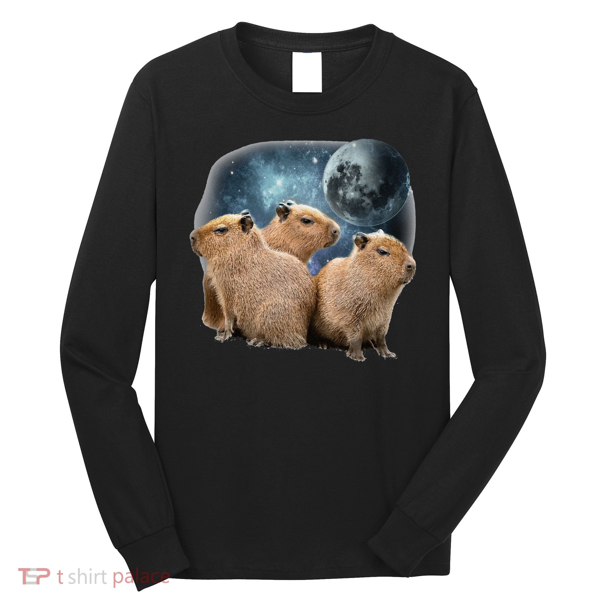 Three Capybaras And Moon Funny Capybara Humor Parody Long Sleeve Shirt