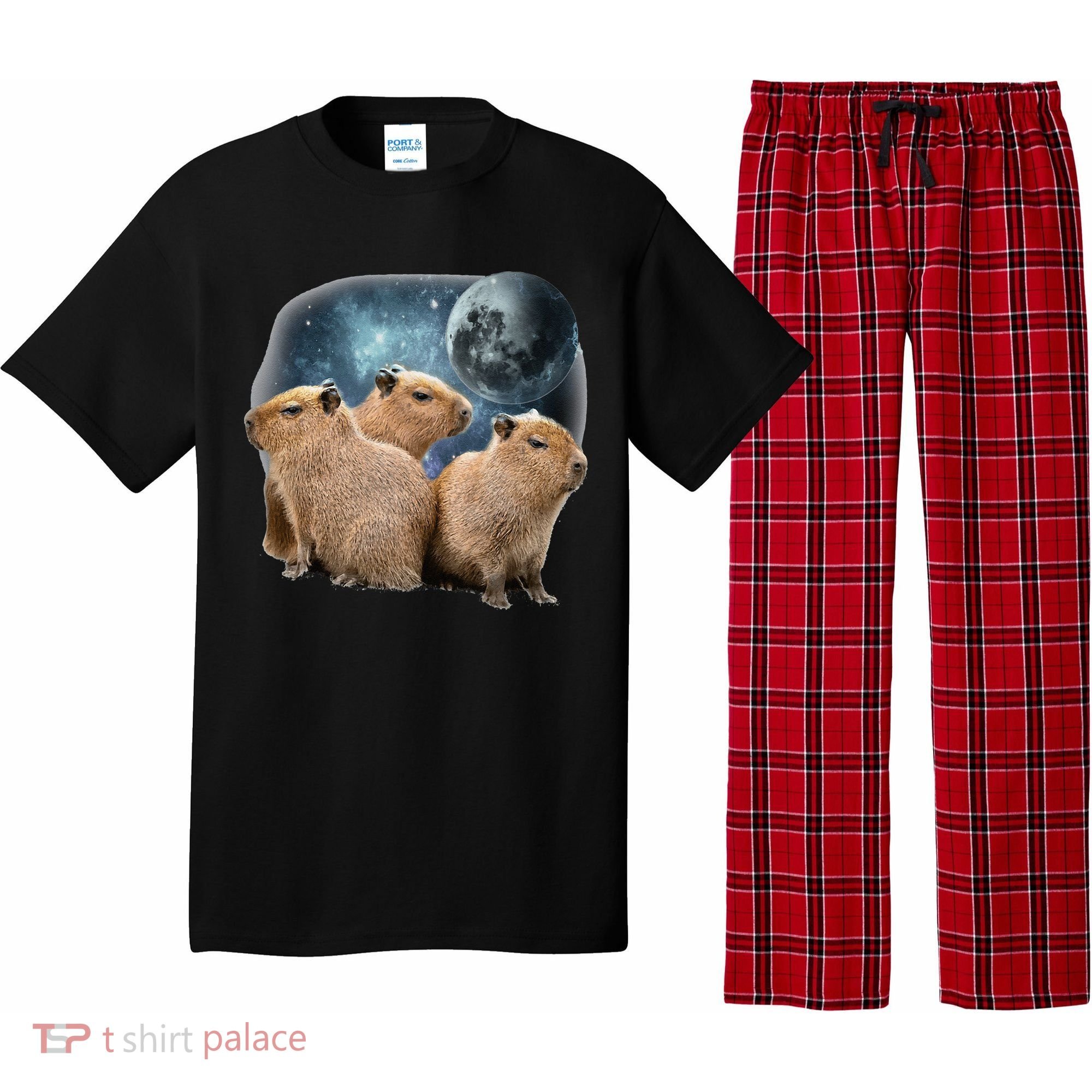 Three Capybaras And Moon Funny Capybara Humor Parody Pajama Set