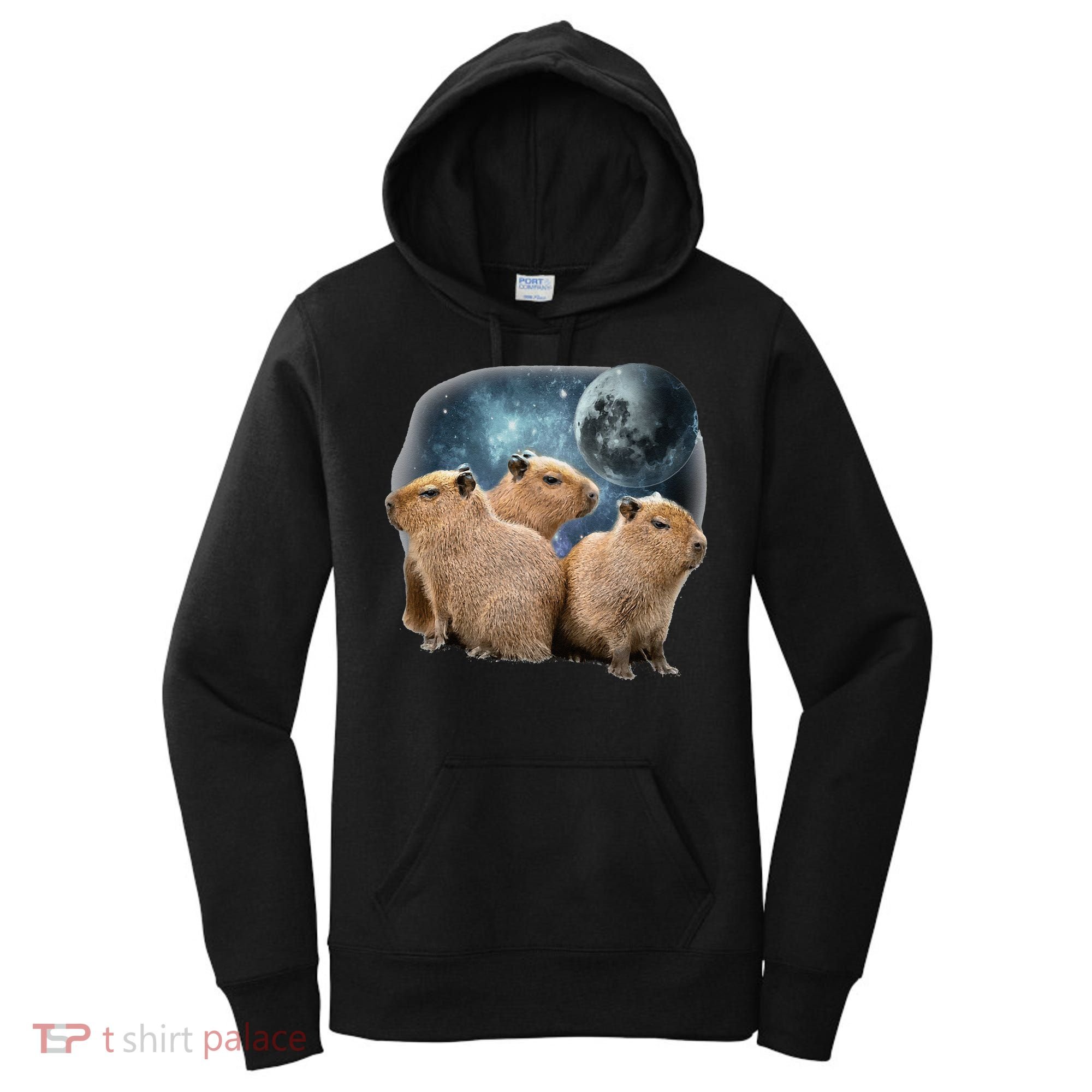 Three Capybaras And Moon Funny Capybara Humor Parody Women's Hoodie