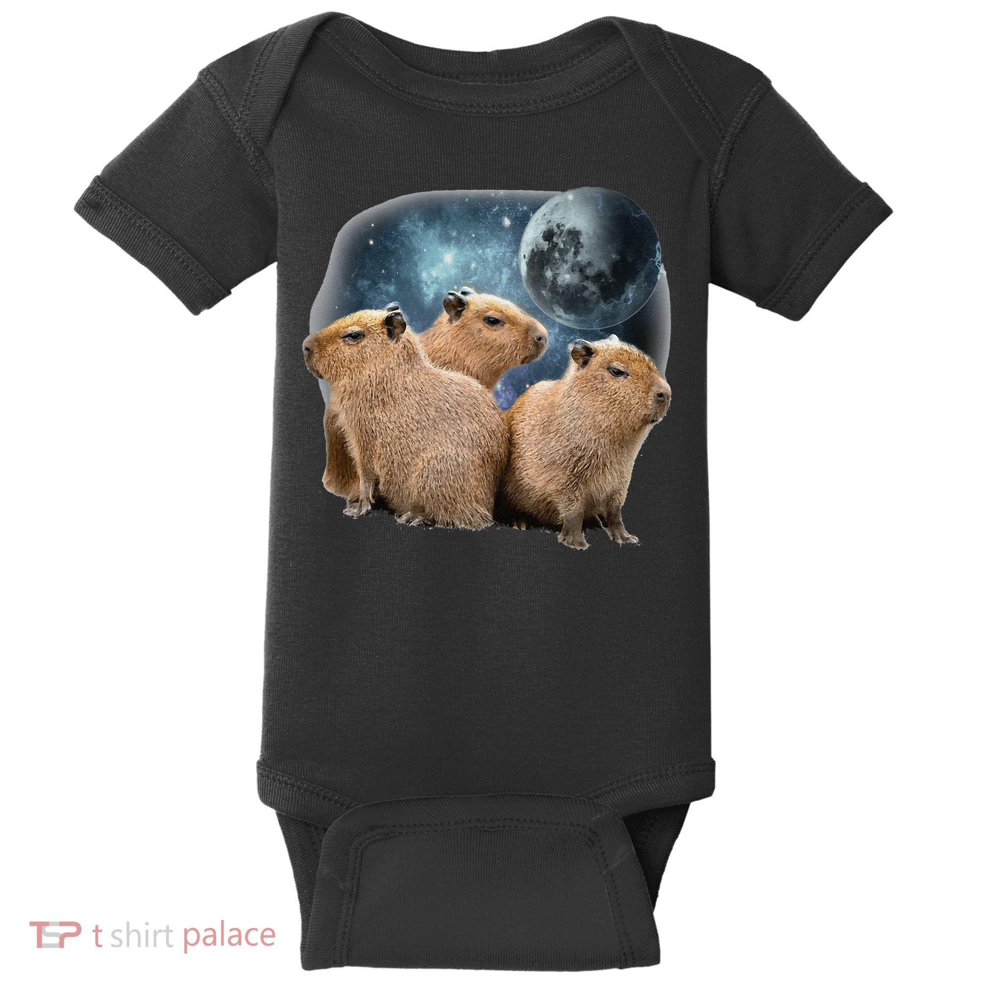 Three Capybaras And Moon Funny Capybara Humor Parody Baby Bodysuit