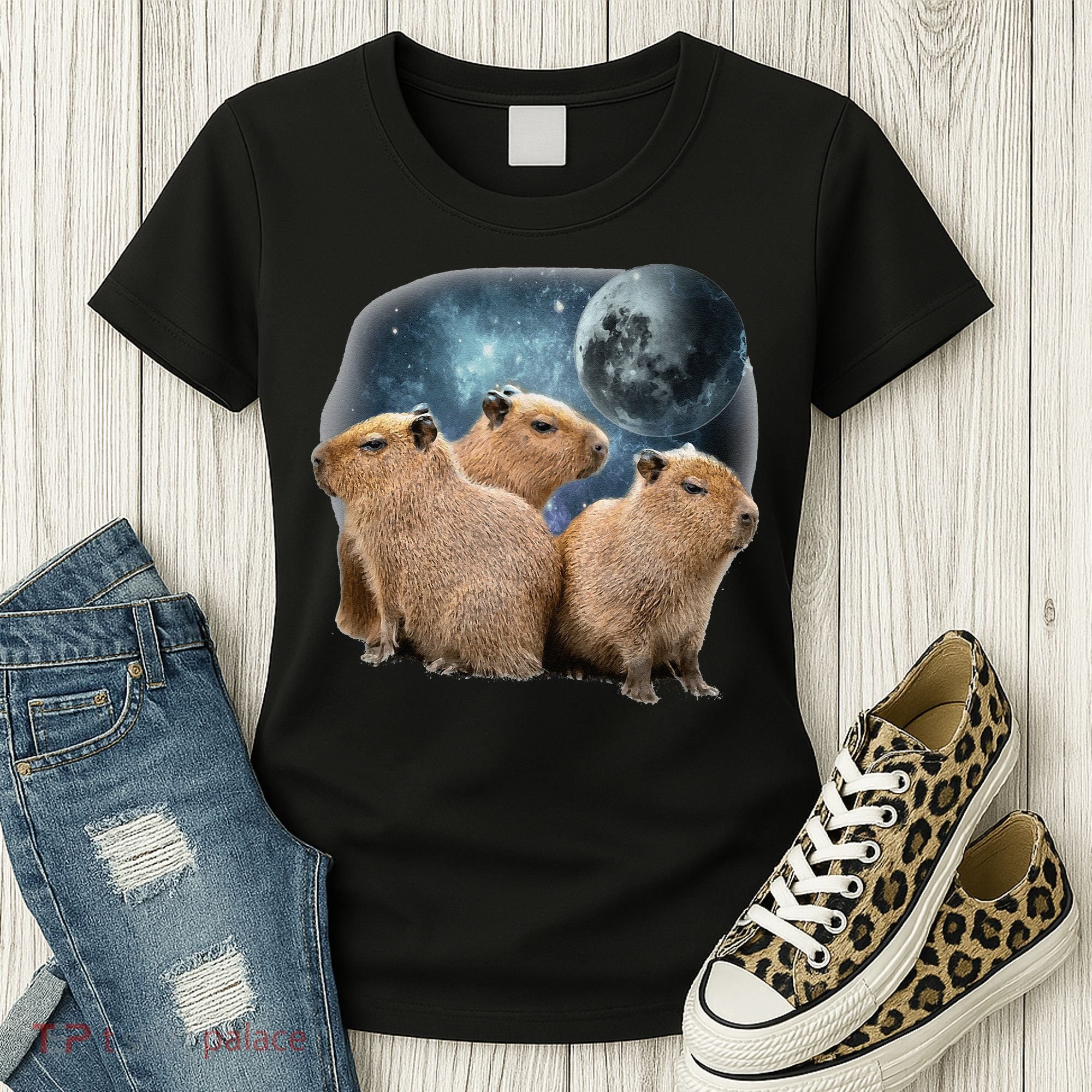 Three Capybaras And Moon Funny Capybara Humor Parody Women's T-Shirt