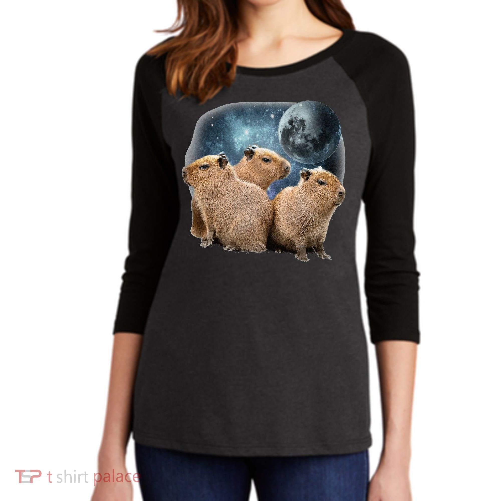 Three Capybaras And Moon Funny Capybara Humor Parody Women's Tri-Blend 3/4-Sleeve Raglan Shirt
