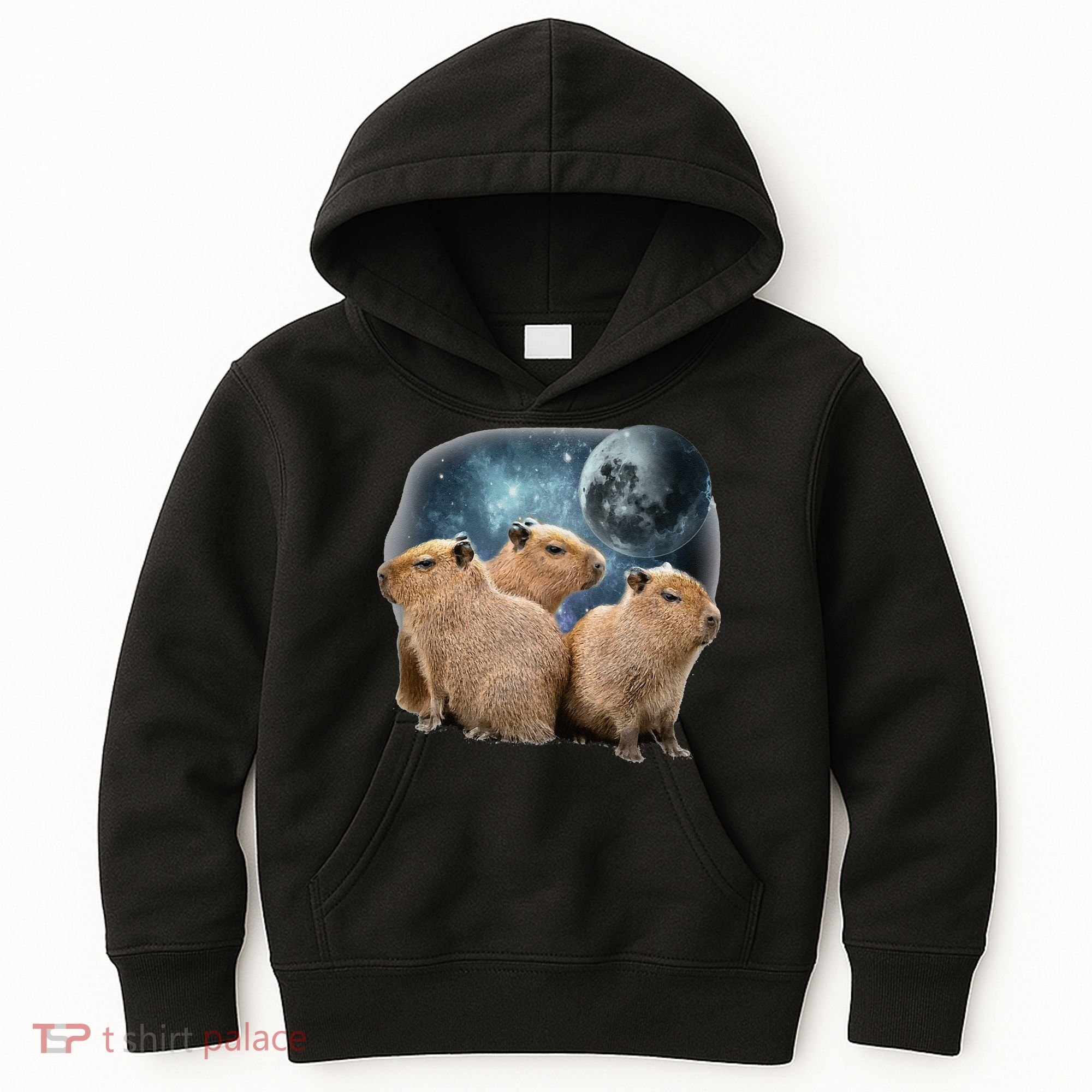 Three Capybaras And Moon Funny Capybara Humor Parody Kids Hoodie