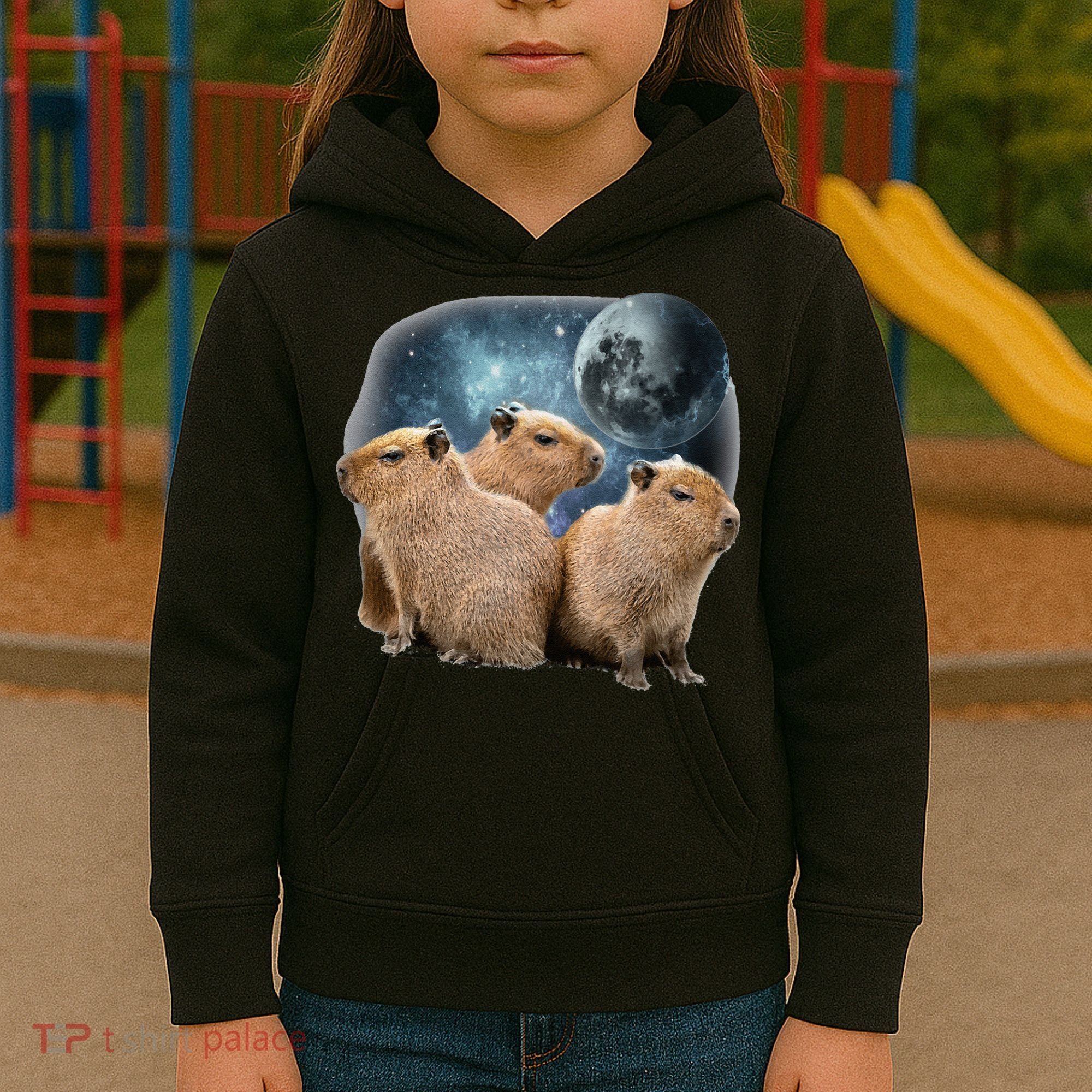 Three Capybaras And Moon Funny Capybara Humor Parody Kids Hoodie