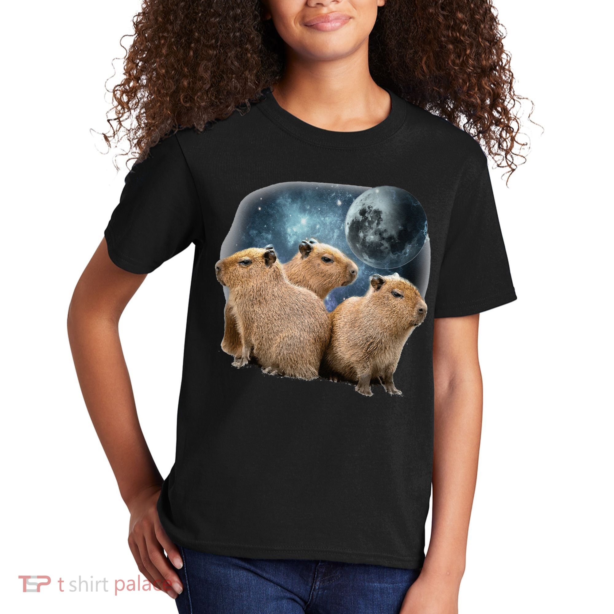 Three Capybaras And Moon Funny Capybara Humor Parody Kids T-Shirt