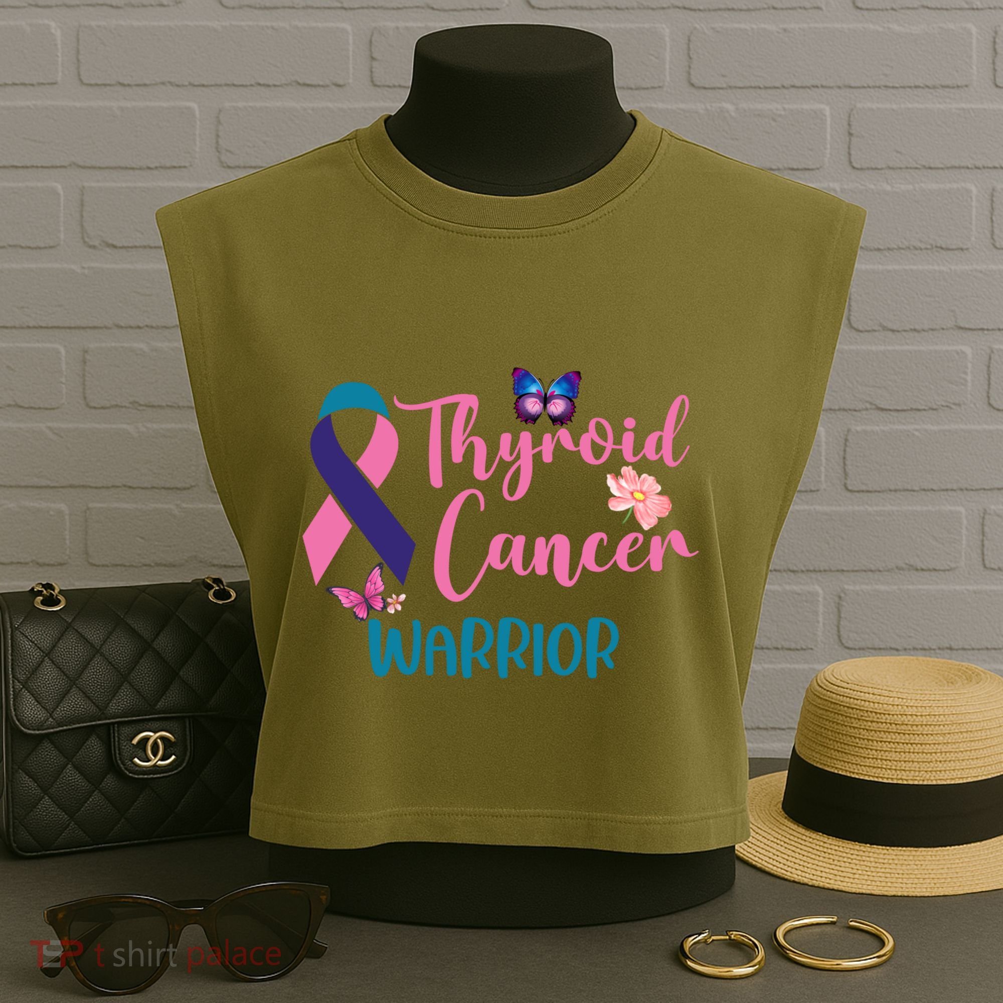 Thyroid Cancer Awareness Butterflies Warrior Ribbon Cute Gift Garment-Dyed Women's Muscle Tee