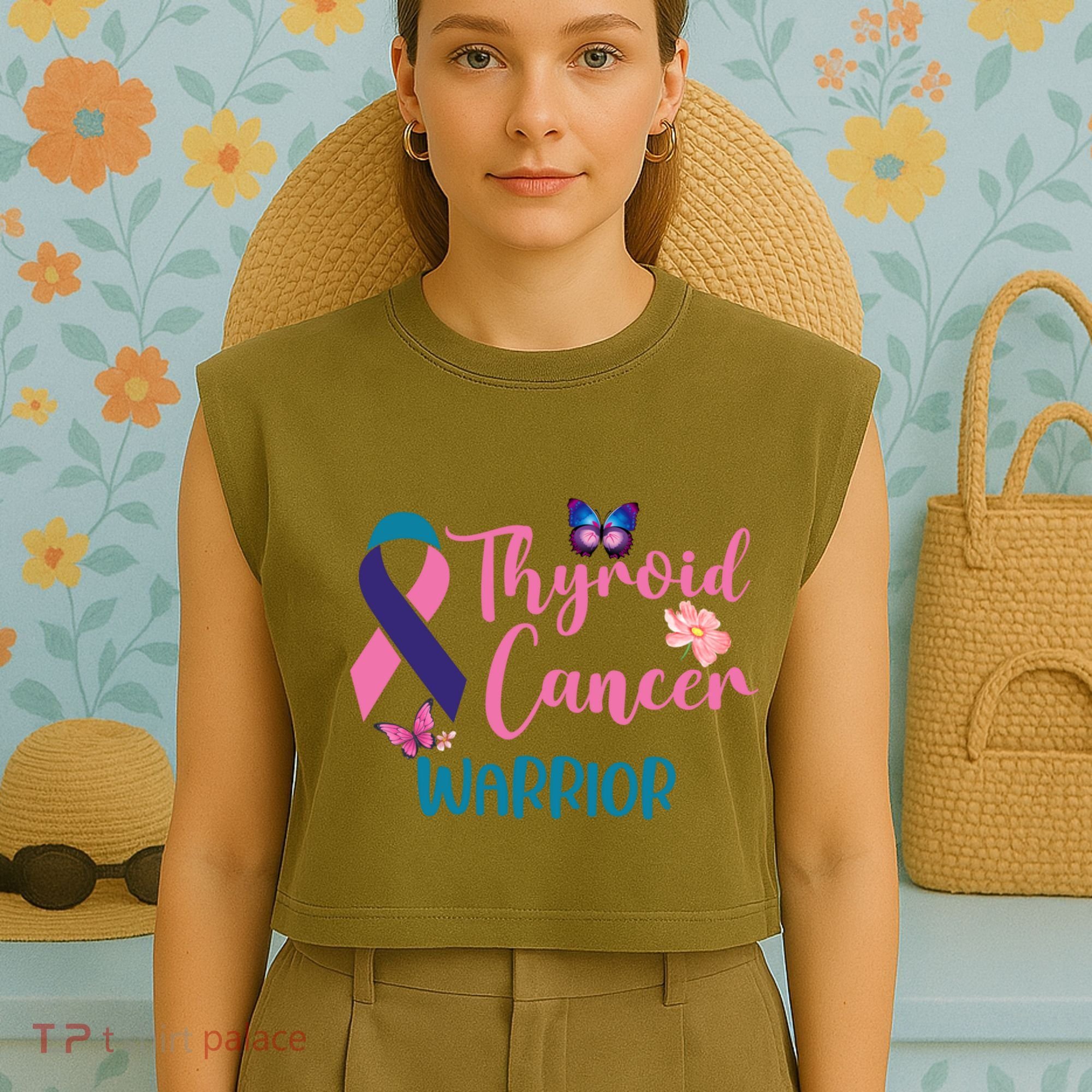 Thyroid Cancer Awareness Butterflies Warrior Ribbon Cute Gift Garment-Dyed Women's Muscle Tee