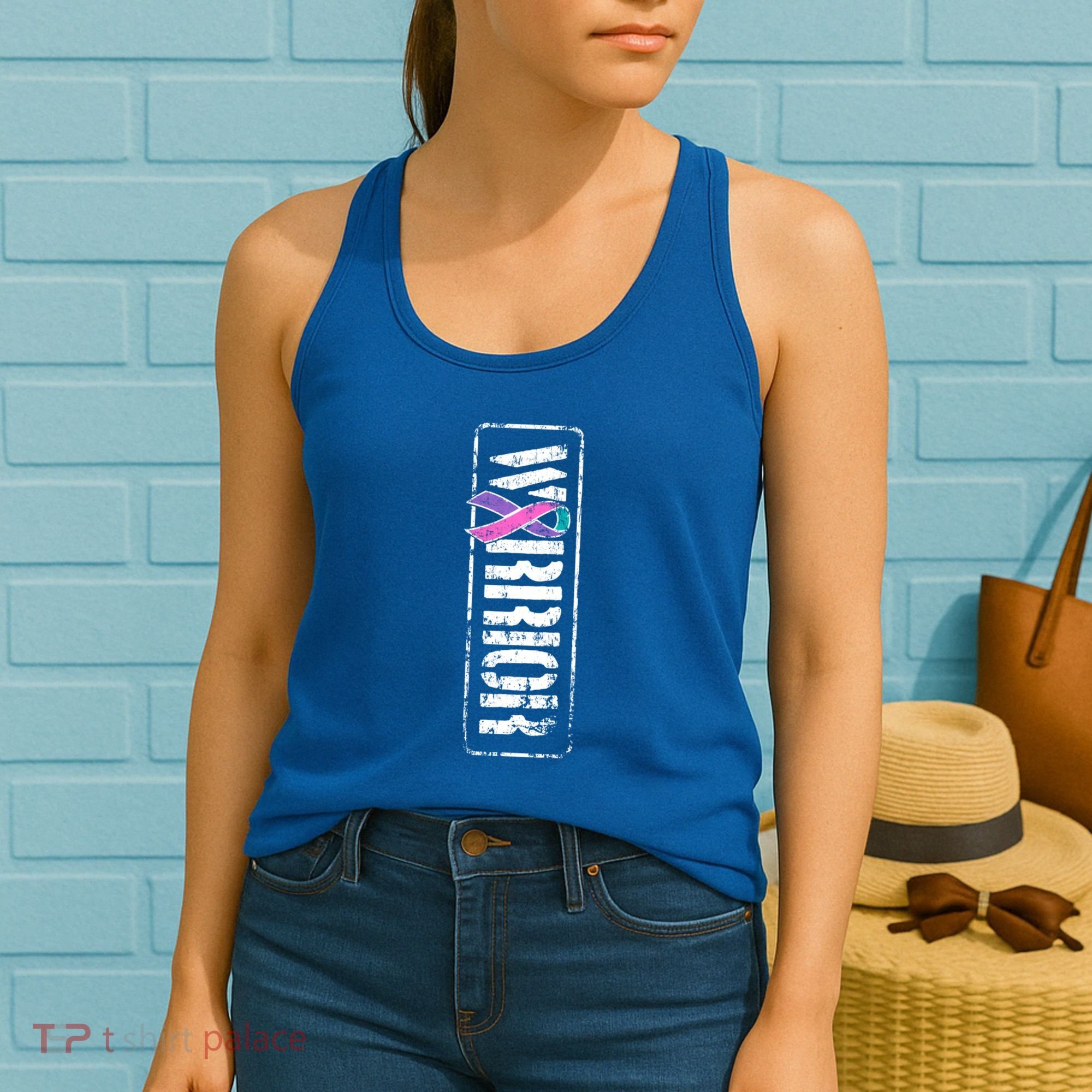 Thyroid Cancer Awareness Gift Sideways Military Warrior Ribbon Gift Women's Tank Top