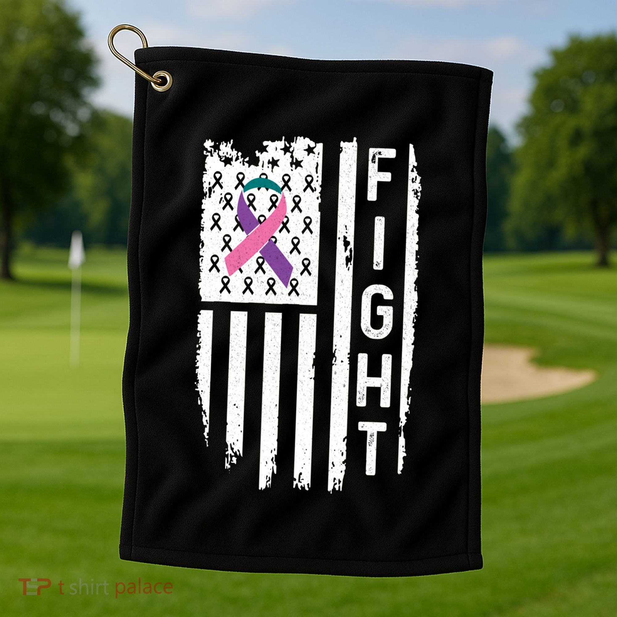 Thyroid Cancer American Flag Awareness Gift Golf Towel