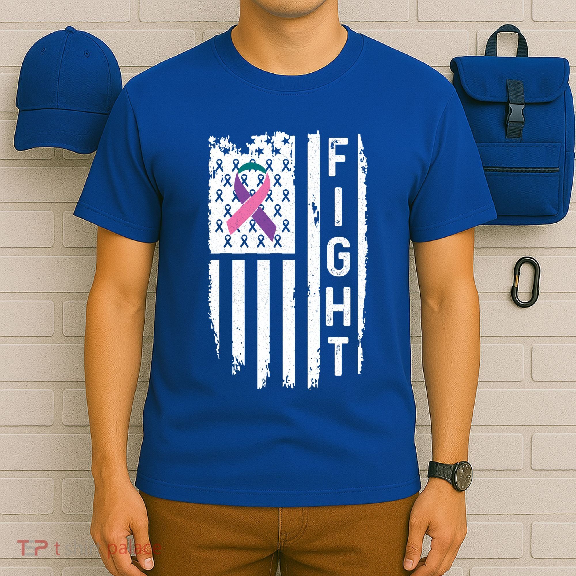 Thyroid Cancer American Flag Awareness Gift T-Shirt