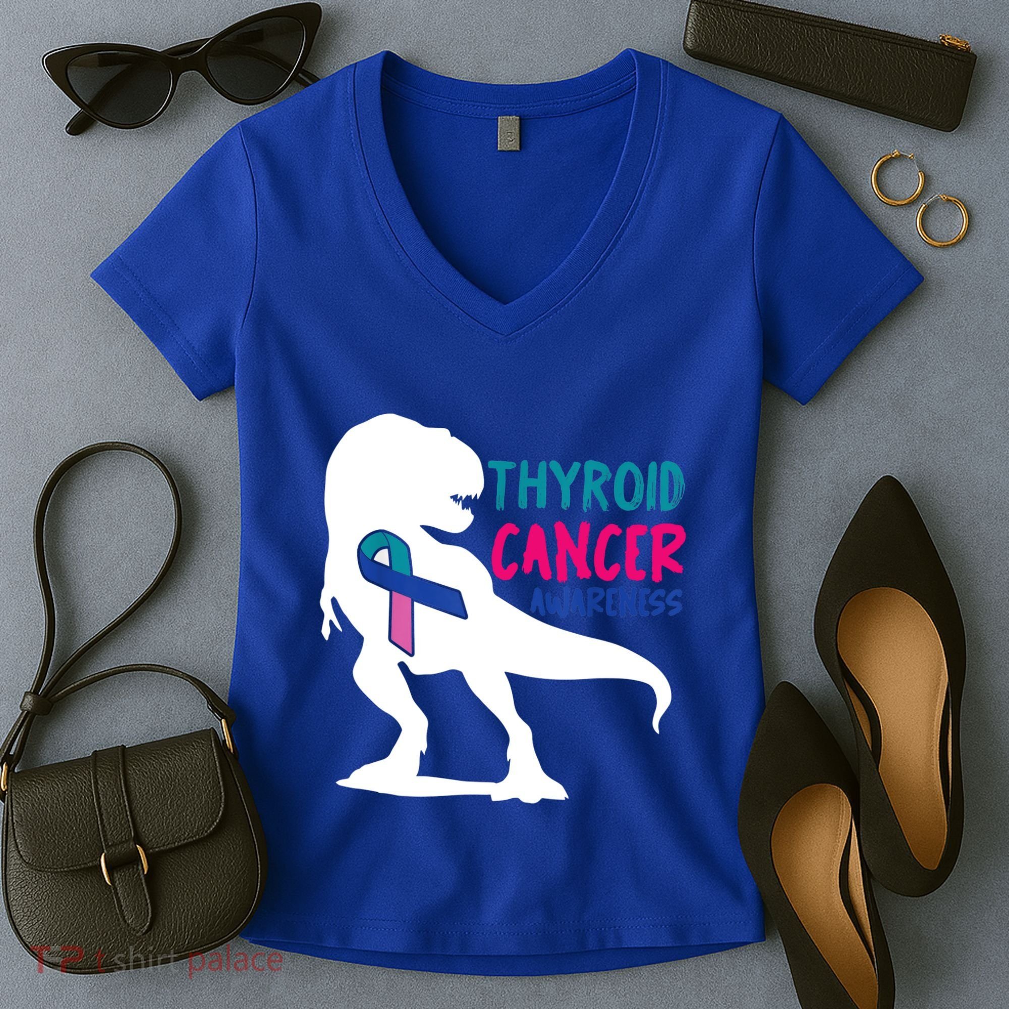 Thyroid Cancer Awareness Cool Tgiftrex Warrior Survivor Fighter Cool Gift Women's V-Neck T-Shirt