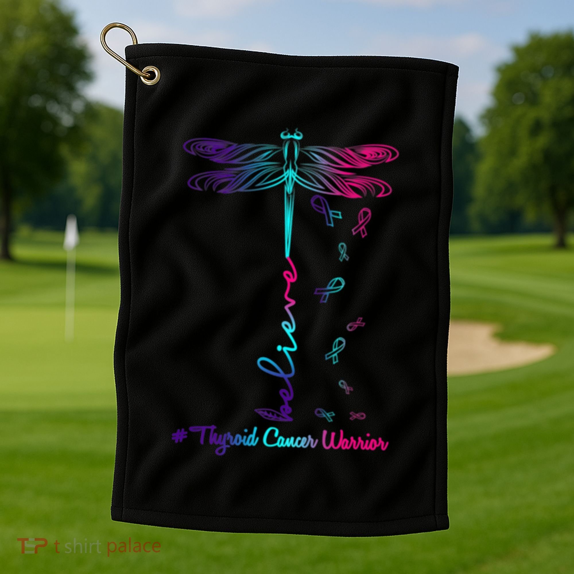 Thyroid Cancer Awareness Warrior Dragonfly Believe Hope Gift Golf Towel