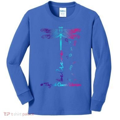 Thyroid Cancer Awareness Warrior Dragonfly Believe Hope Gift Kids Long Sleeve Shirt