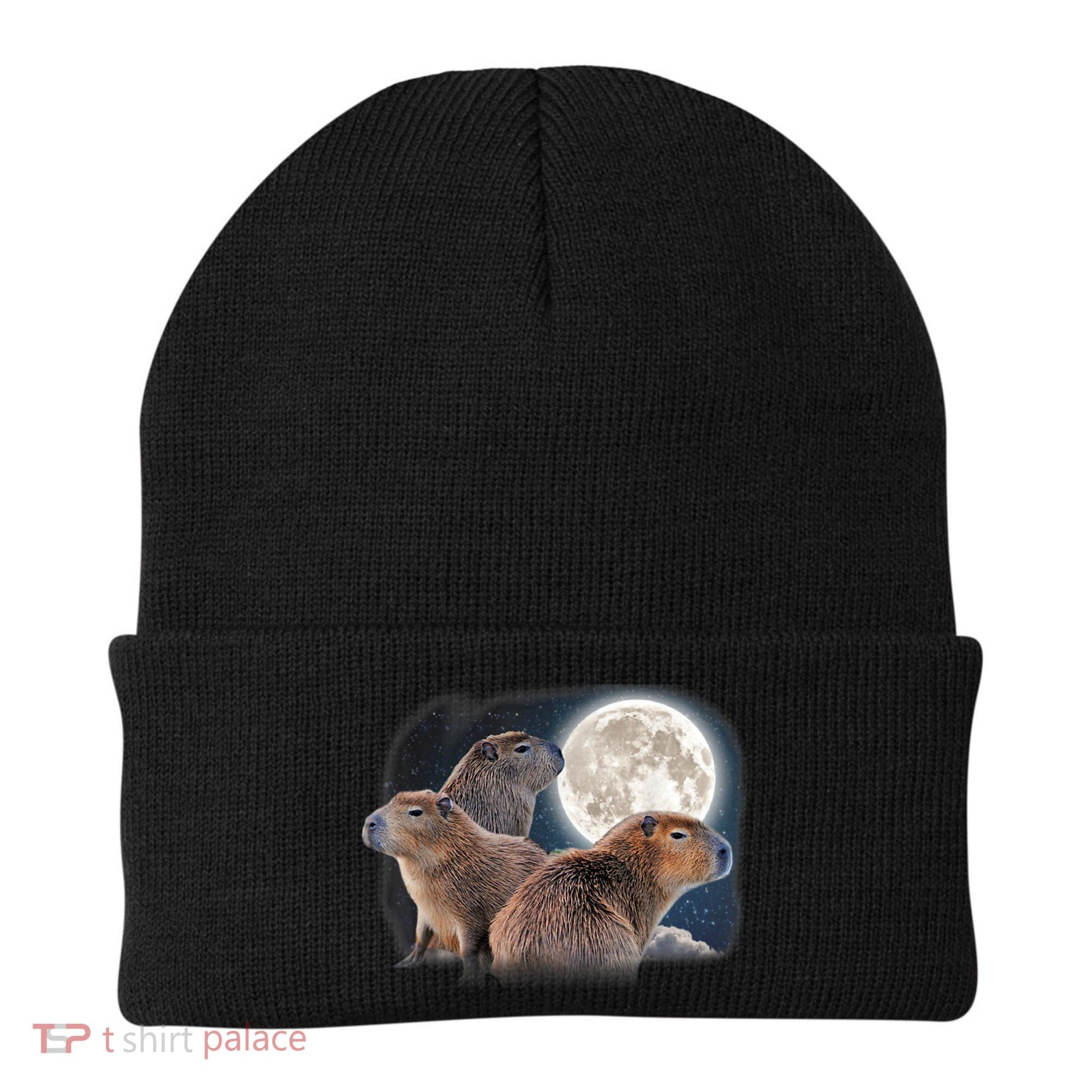 Three Capybaras And Moon Funny Capybara Humor Parody Beanie