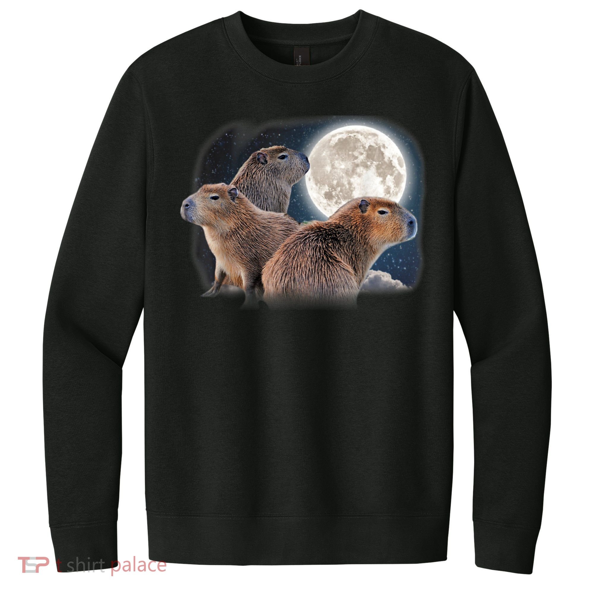 Three Capybaras And Moon Funny Capybara Humor Parody V.I.T. Fleece Crew Sweatshirt