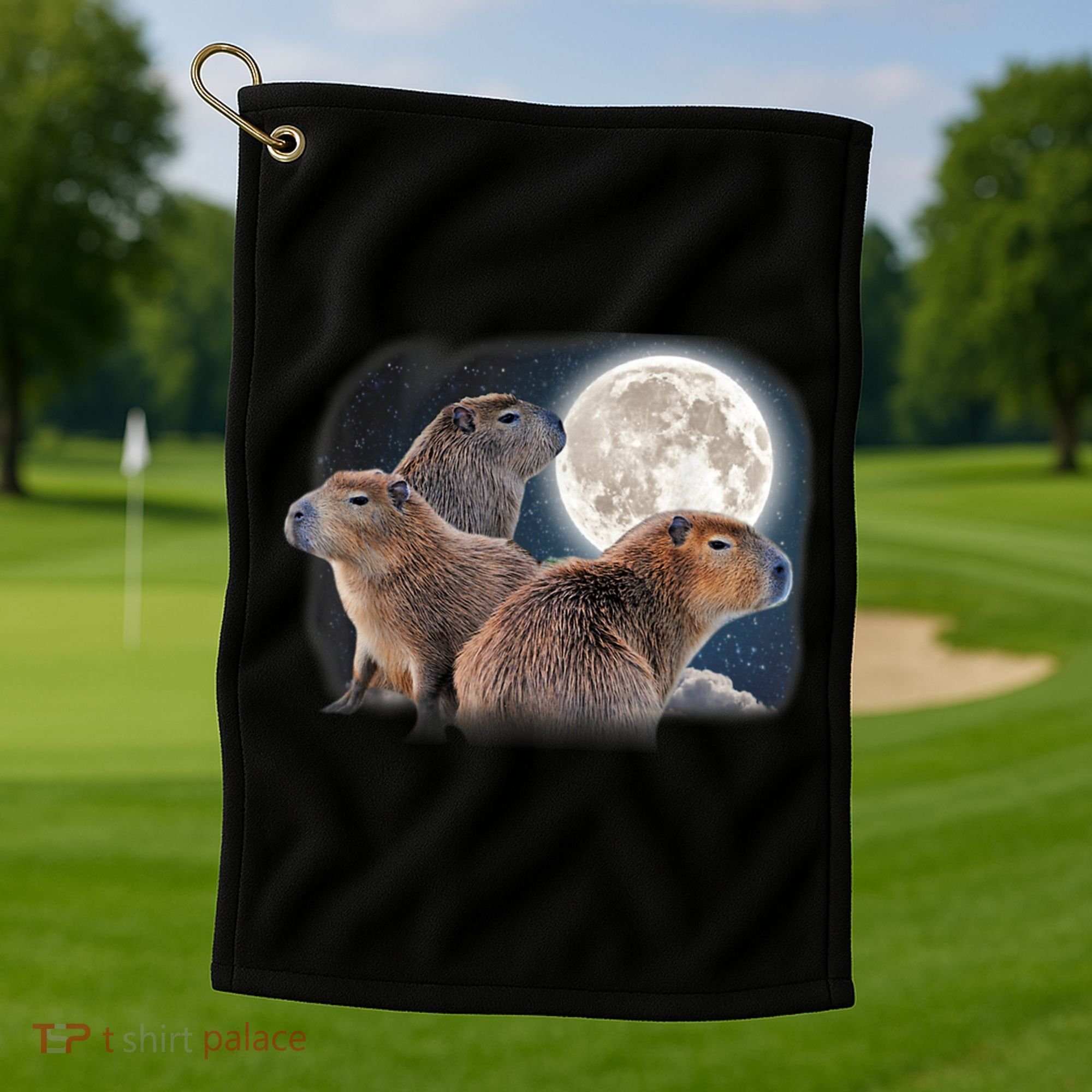 Three Capybaras And Moon Funny Capybara Humor Parody Golf Towel
