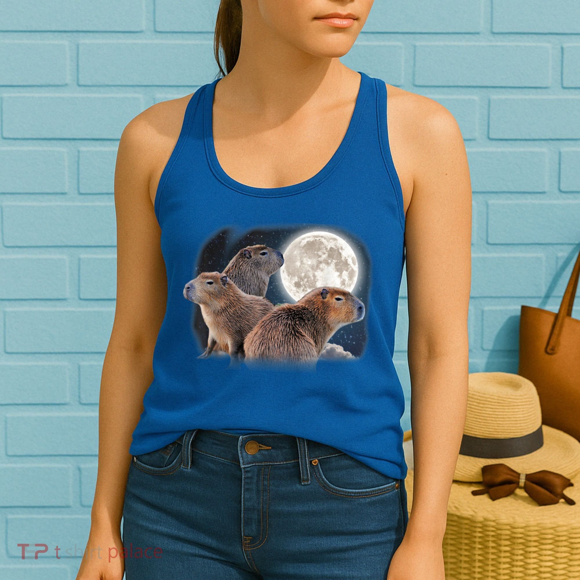 Three Capybaras And Moon Funny Capybara Humor Parody Women's Tank Top