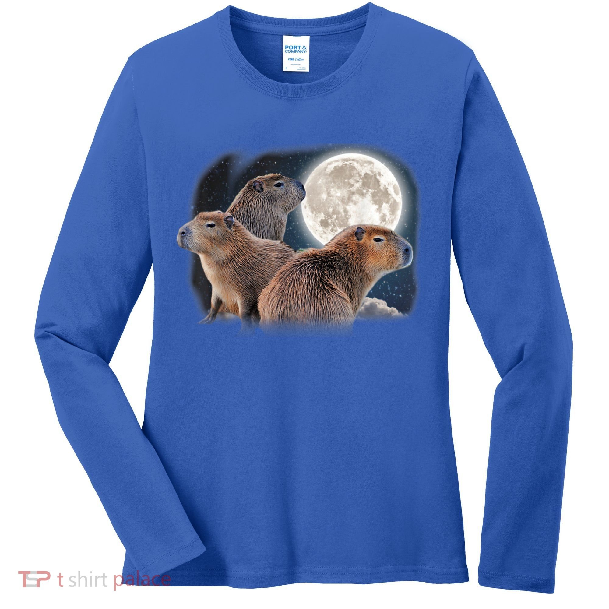 Three Capybaras And Moon Funny Capybara Humor Parody Women's Long Sleeve Shirt