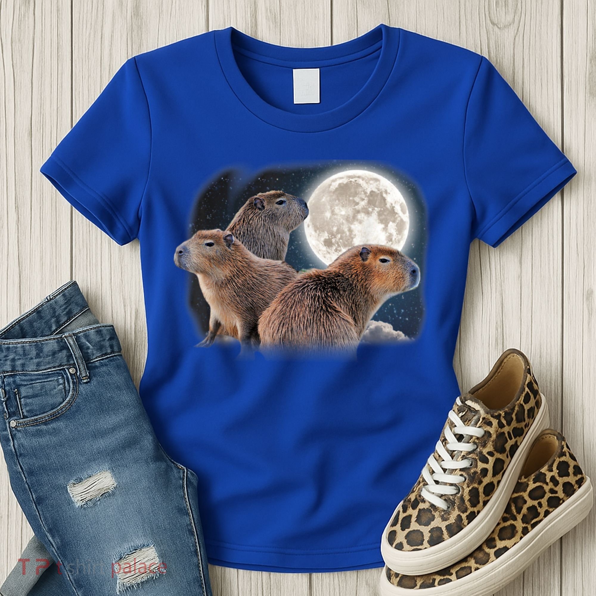 Three Capybaras And Moon Funny Capybara Humor Parody Women's T-Shirt