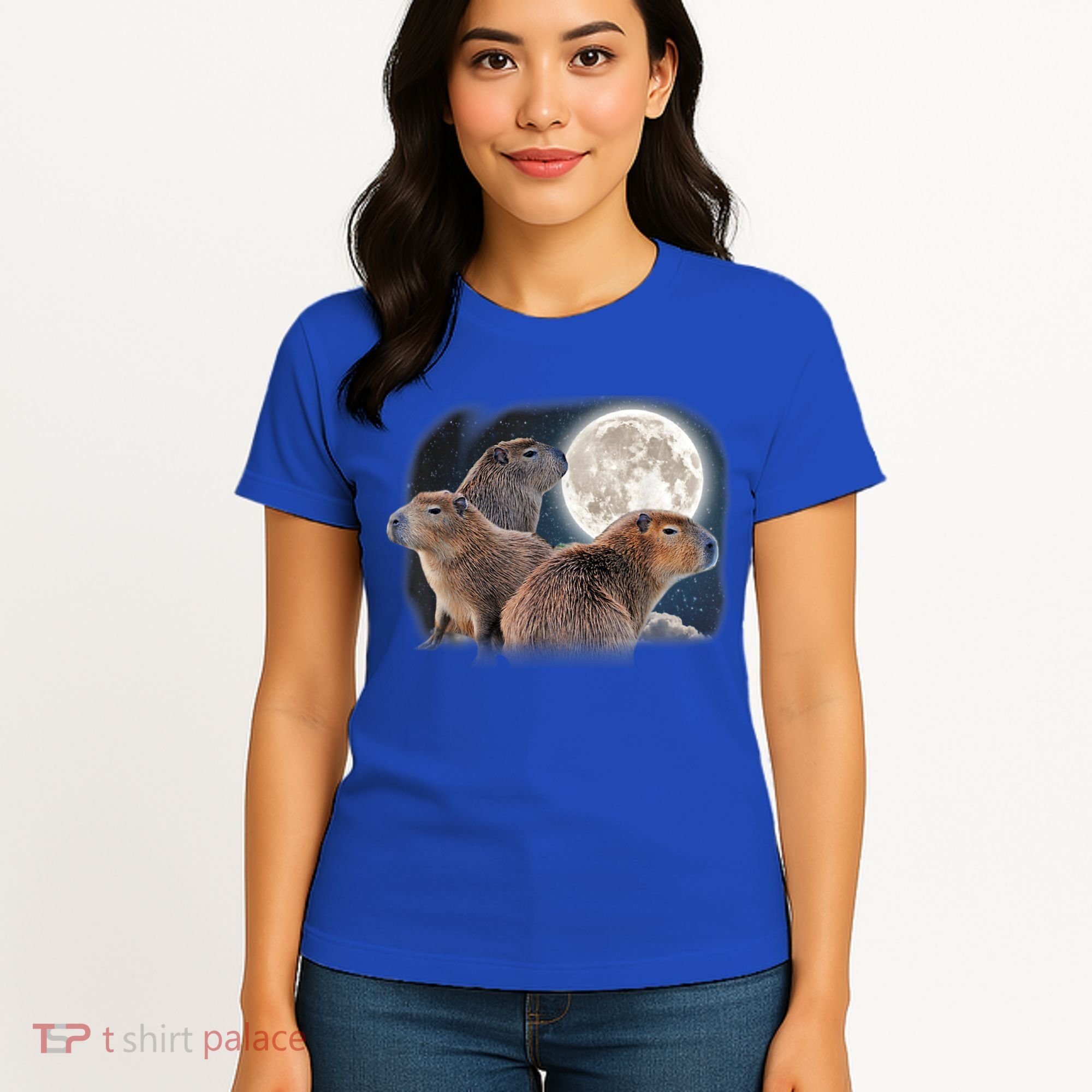 Three Capybaras And Moon Funny Capybara Humor Parody Women's T-Shirt