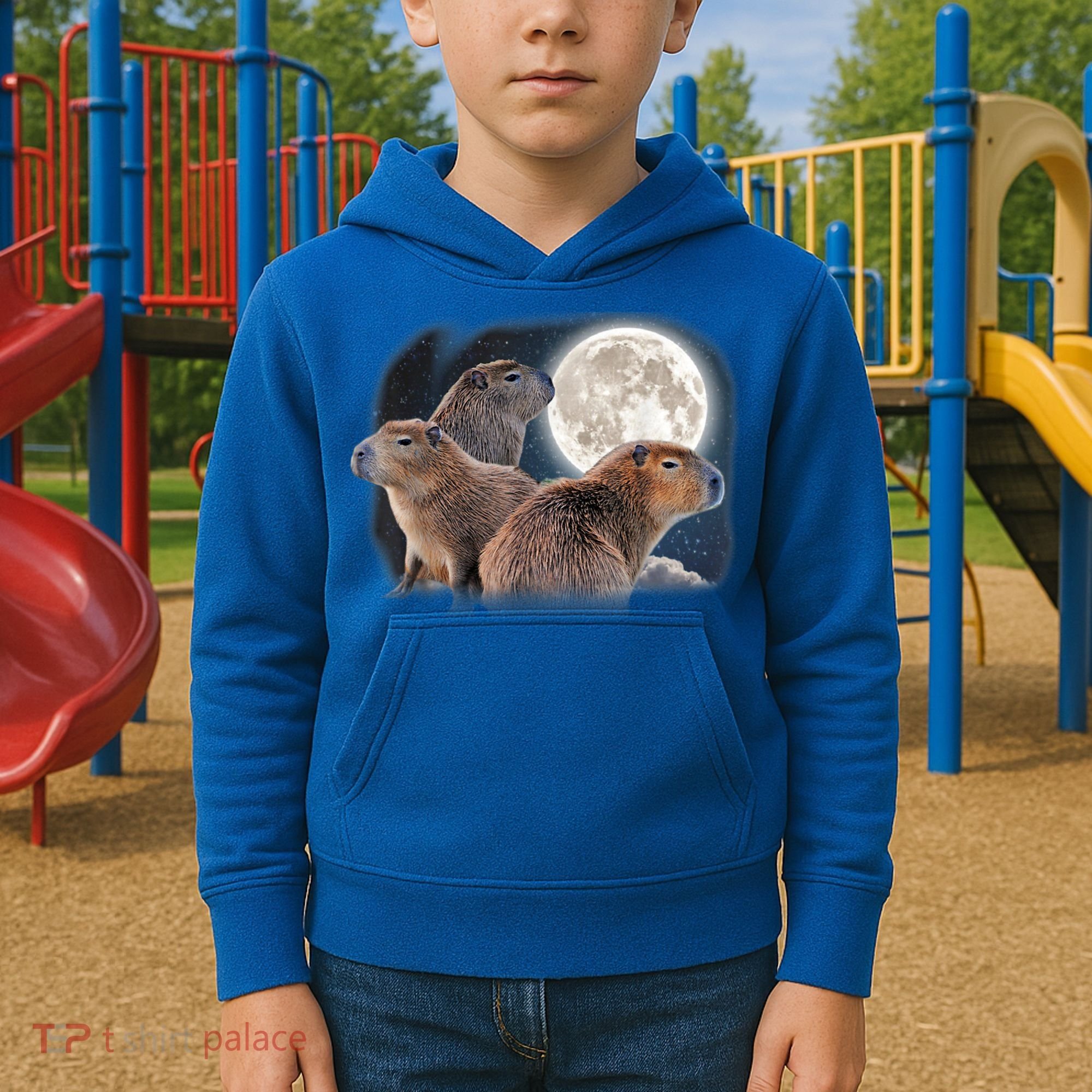 Three Capybaras And Moon Funny Capybara Humor Parody Kids Hoodie