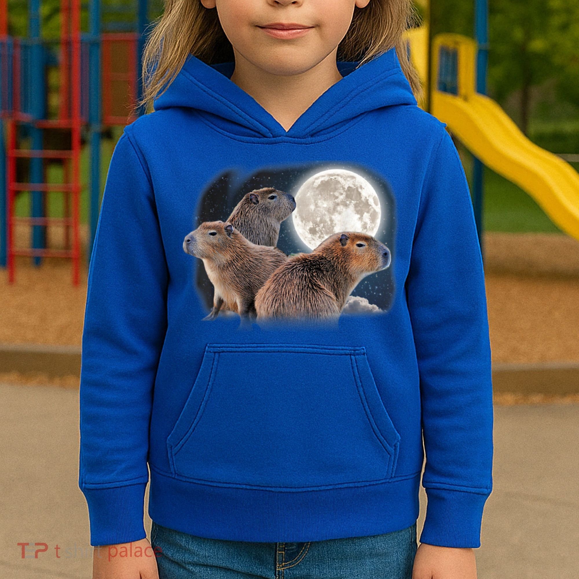 Three Capybaras And Moon Funny Capybara Humor Parody Kids Hoodie