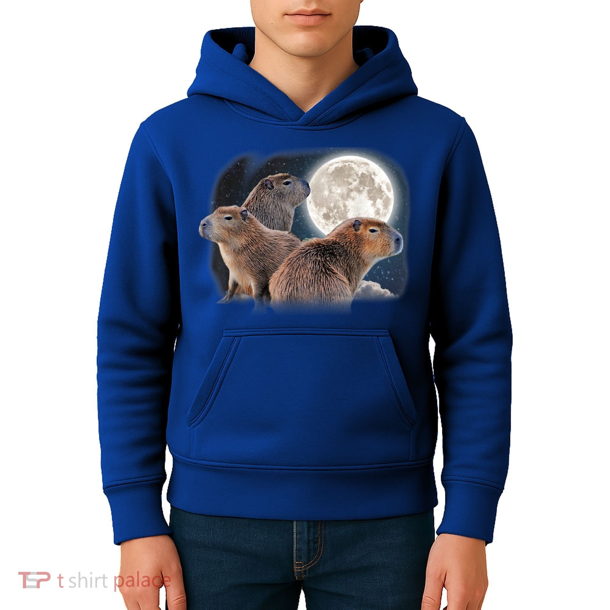 Three Capybaras And Moon Funny Capybara Humor Parody Kids Hoodie