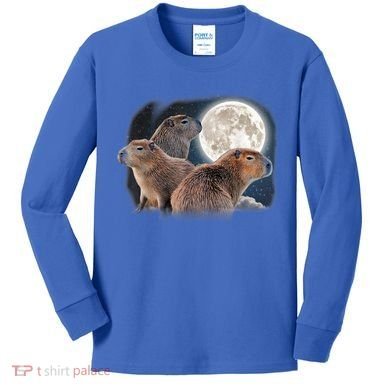 Three Capybaras And Moon Funny Capybara Humor Parody Kids Long Sleeve Shirt