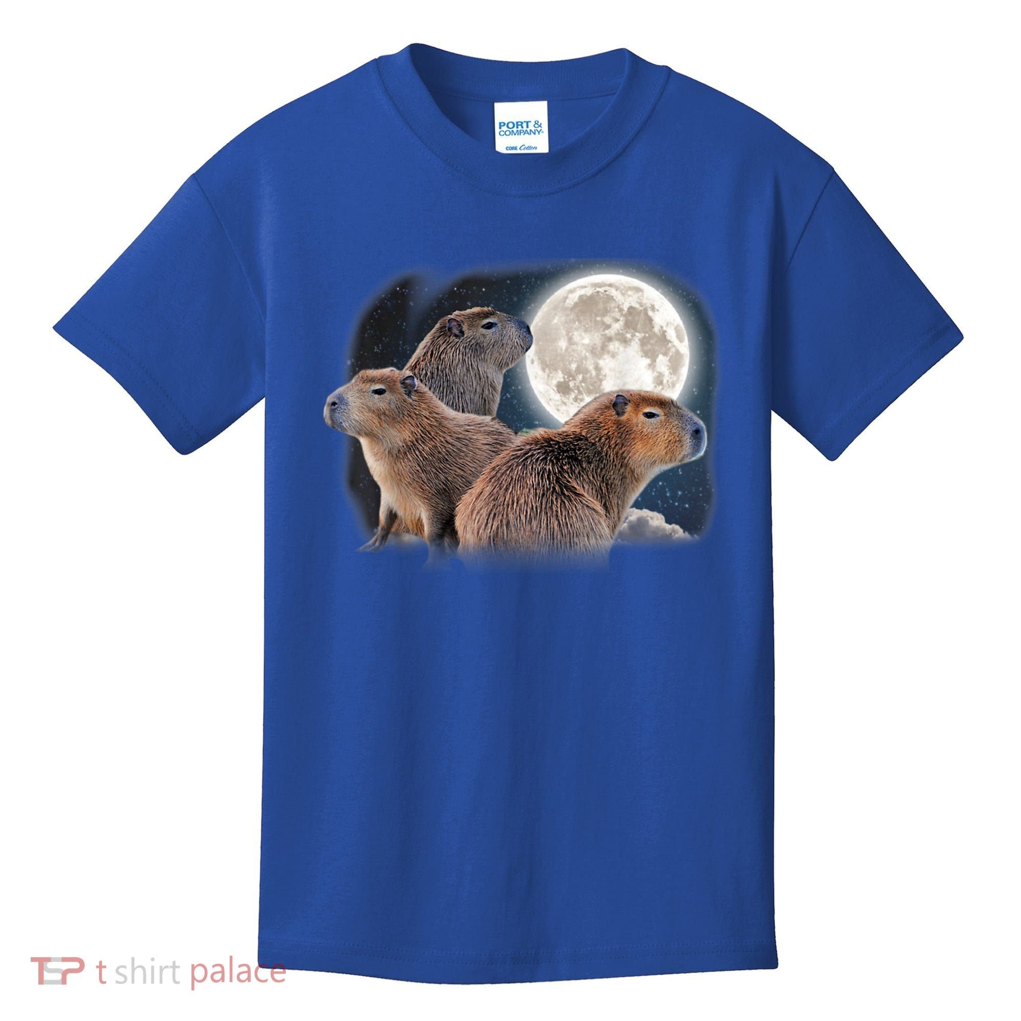 Three Capybaras And Moon Funny Capybara Humor Parody Kids T-Shirt