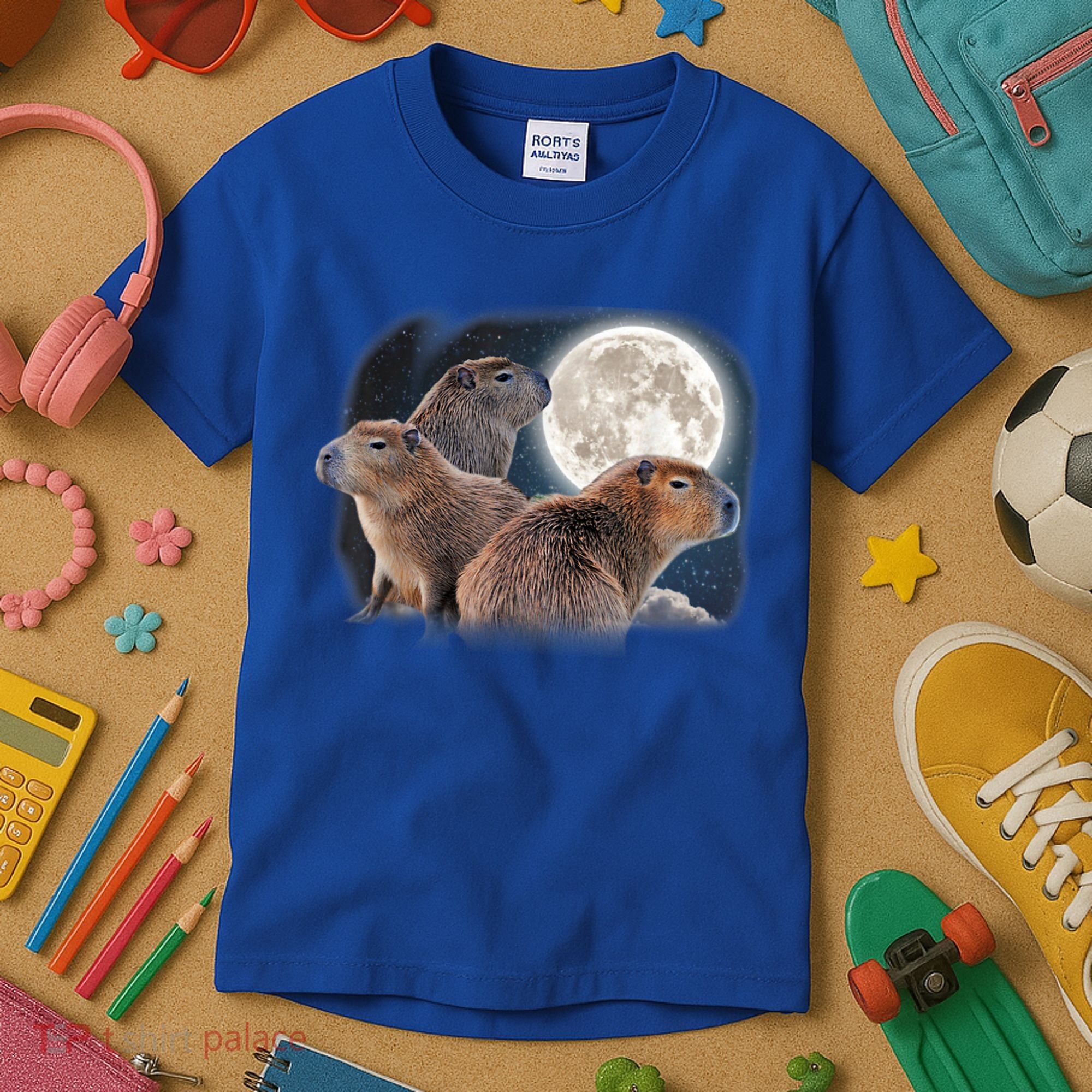 Three Capybaras And Moon Funny Capybara Humor Parody Kids T-Shirt