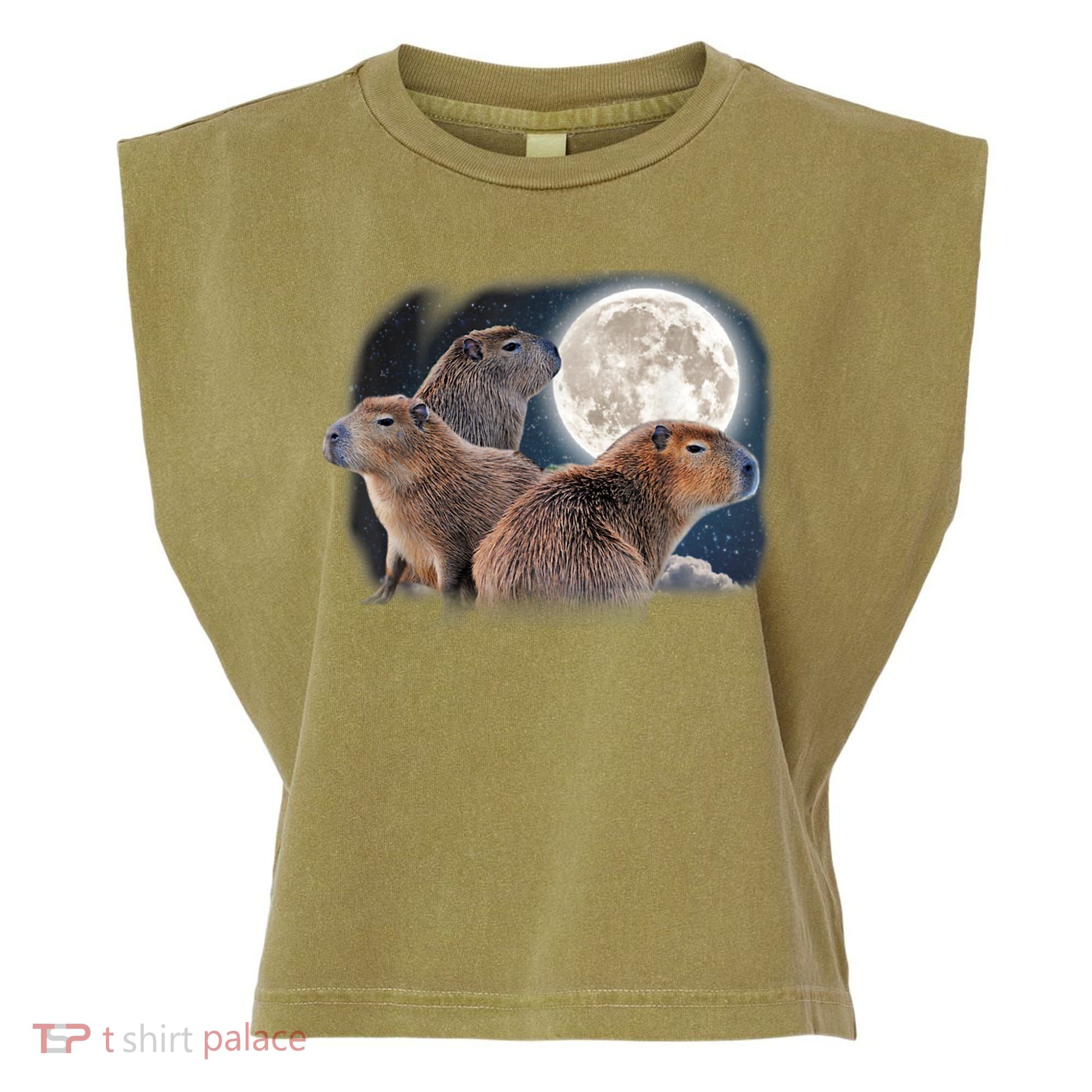Three Capybaras And Moon Funny Capybara Humor Parody Garment-Dyed Women's Muscle Tee
