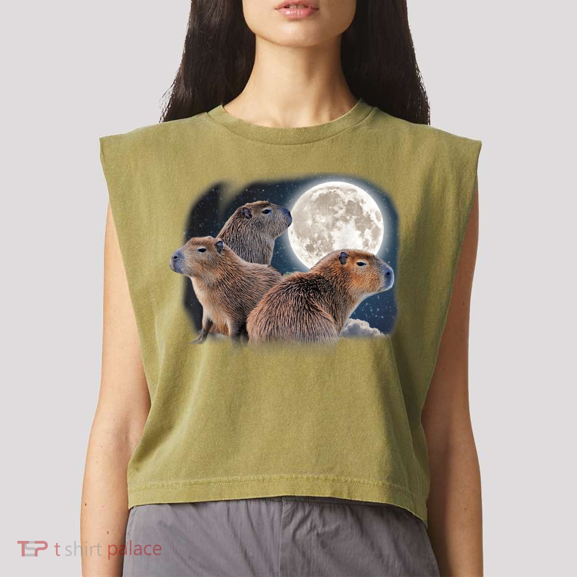 Three Capybaras And Moon Funny Capybara Humor Parody Garment-Dyed Women's Muscle Tee