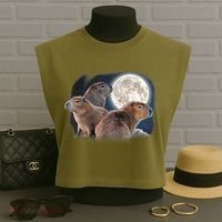 Three Capybaras And Moon Funny Capybara Humor Parody Garment-Dyed Women's Muscle Tee thumb 3