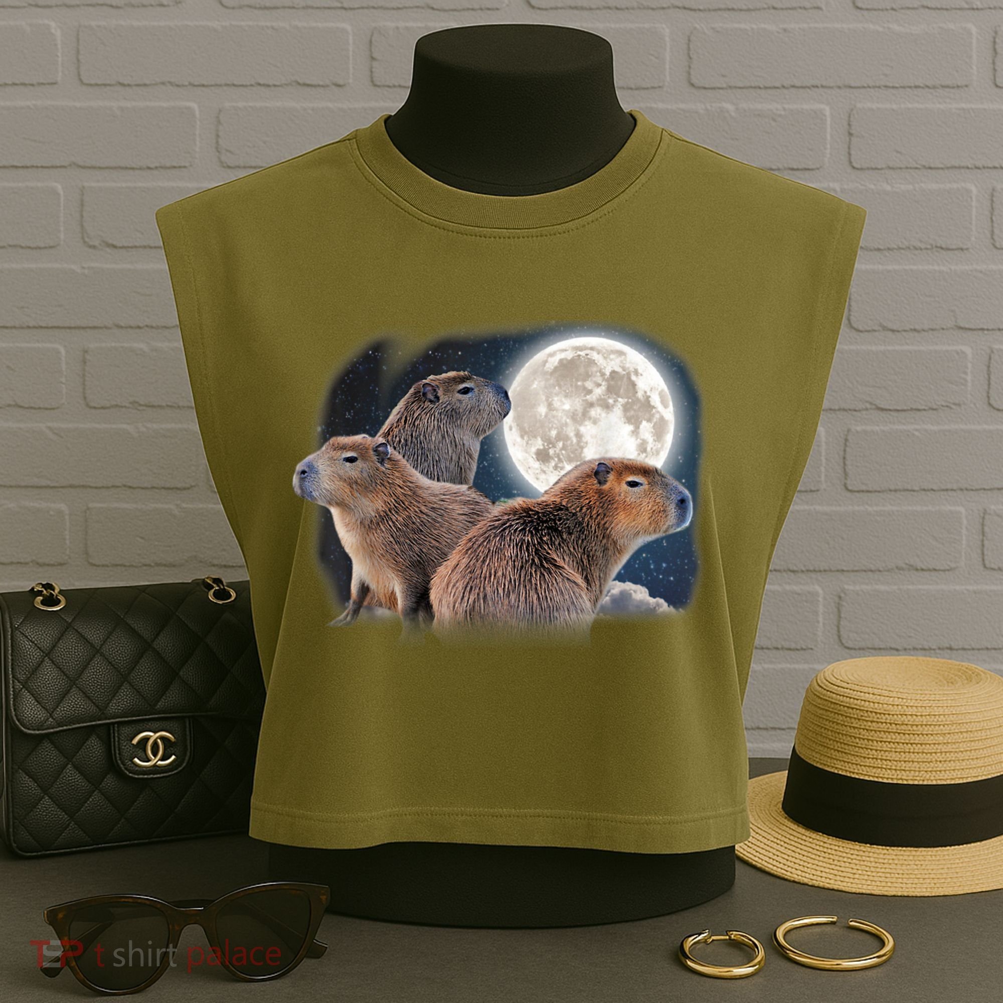 Three Capybaras And Moon Funny Capybara Humor Parody Garment-Dyed Women's Muscle Tee
