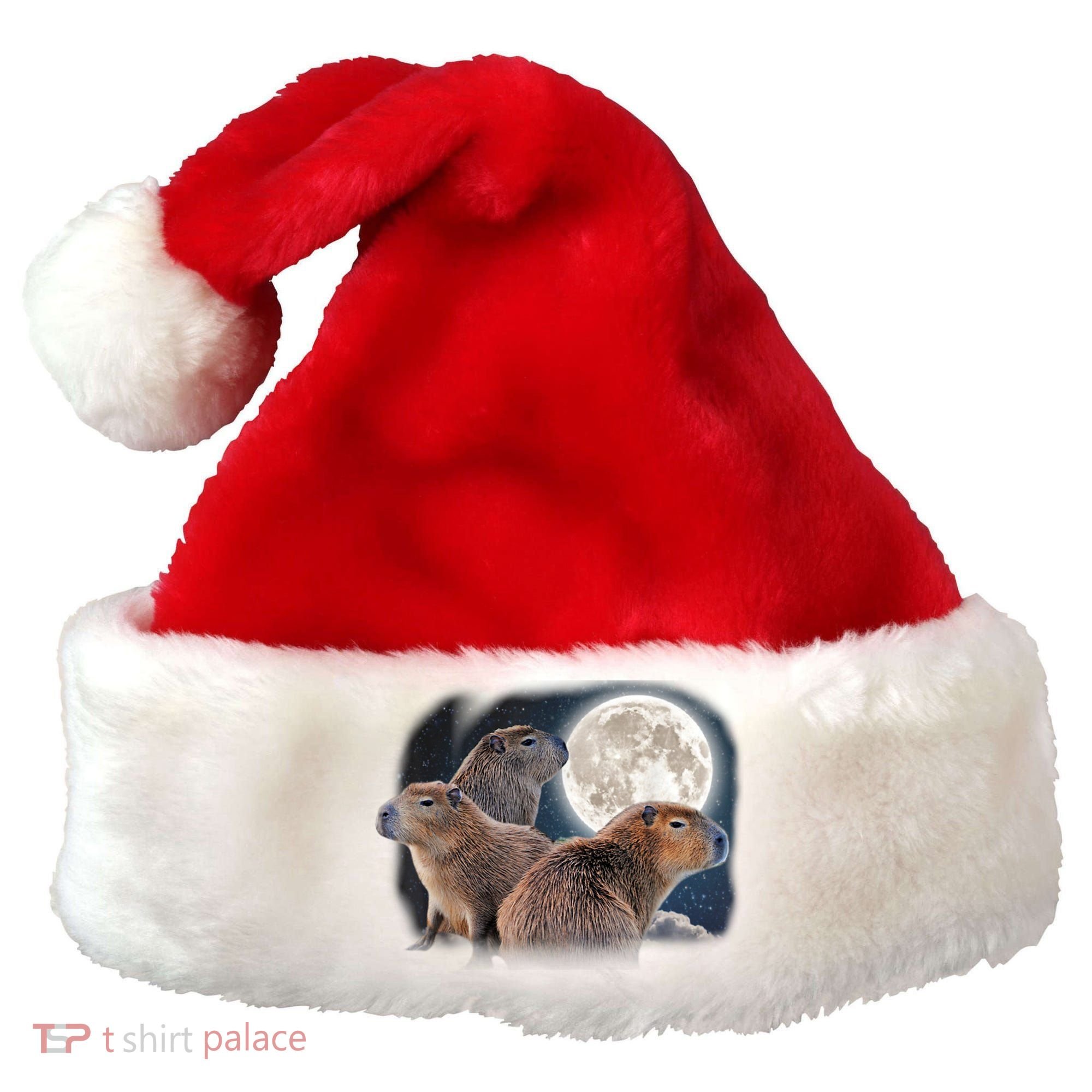 Three Capybaras And Moon Funny Capybara Humor Parody Santa Hat