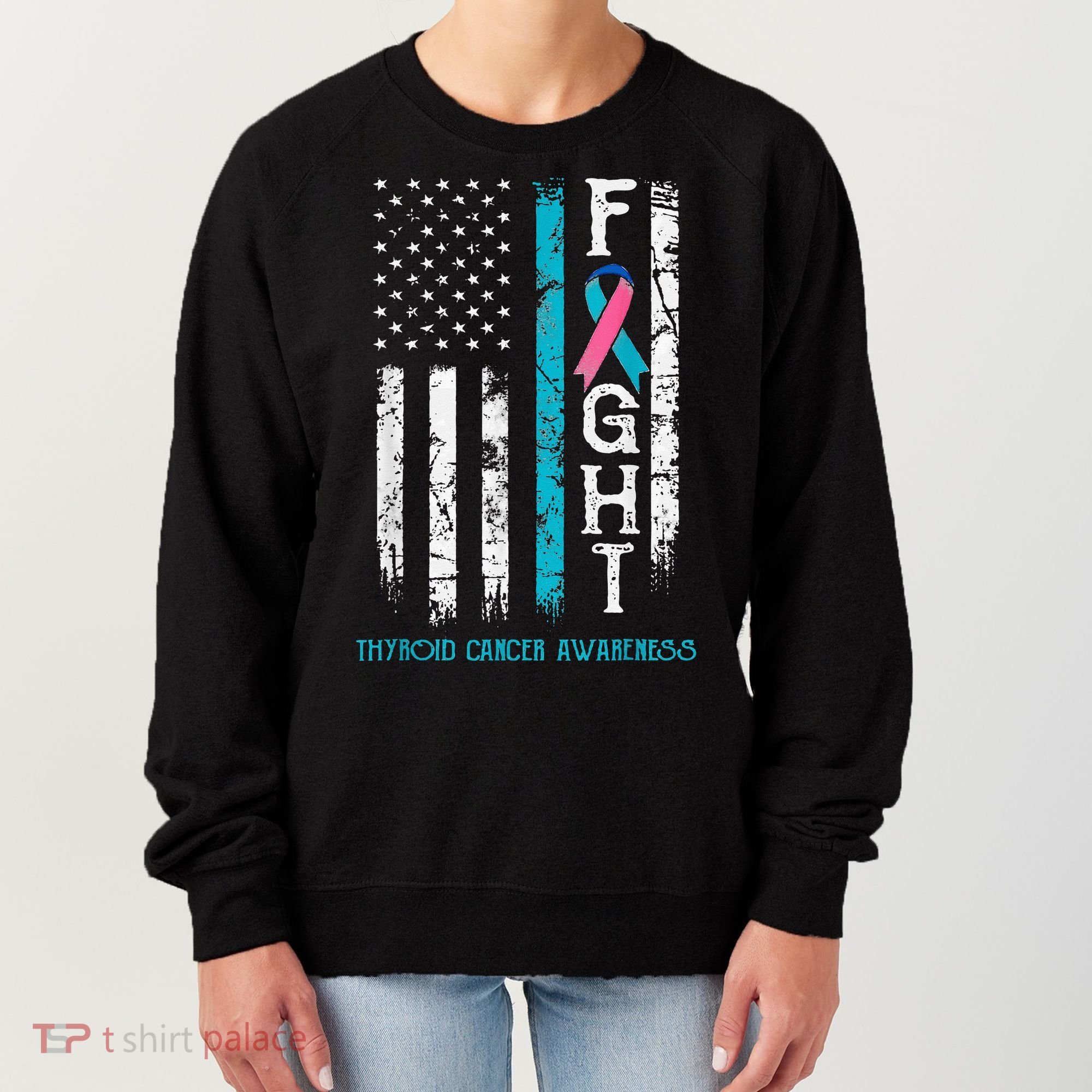 Thyroid Cancer Awareness Blue Pink Teal Ribbon Fight Flag Women's Sweatshirt
