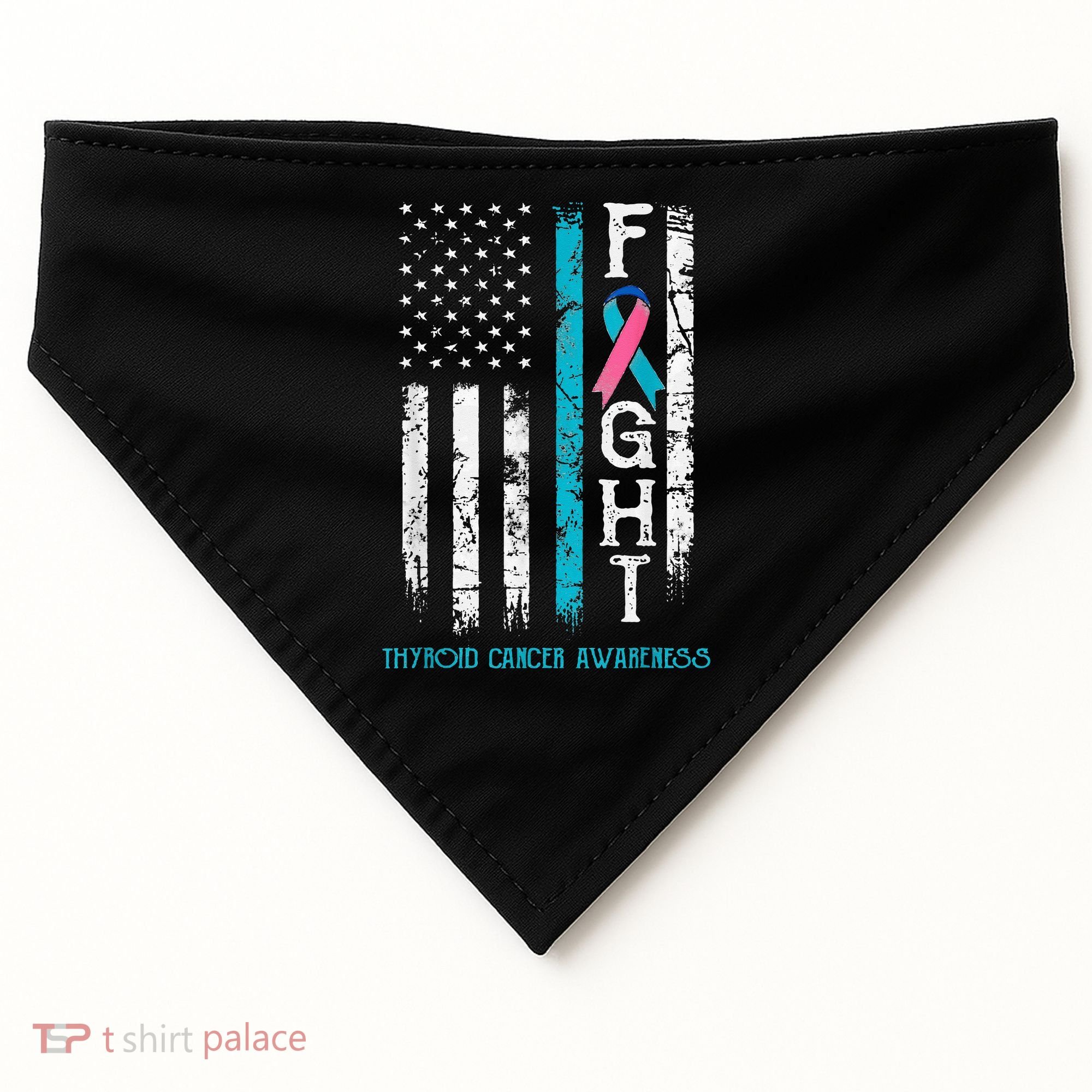 Thyroid Cancer Awareness Blue Pink Teal Ribbon Fight Flag USA-Made Doggie Bandana