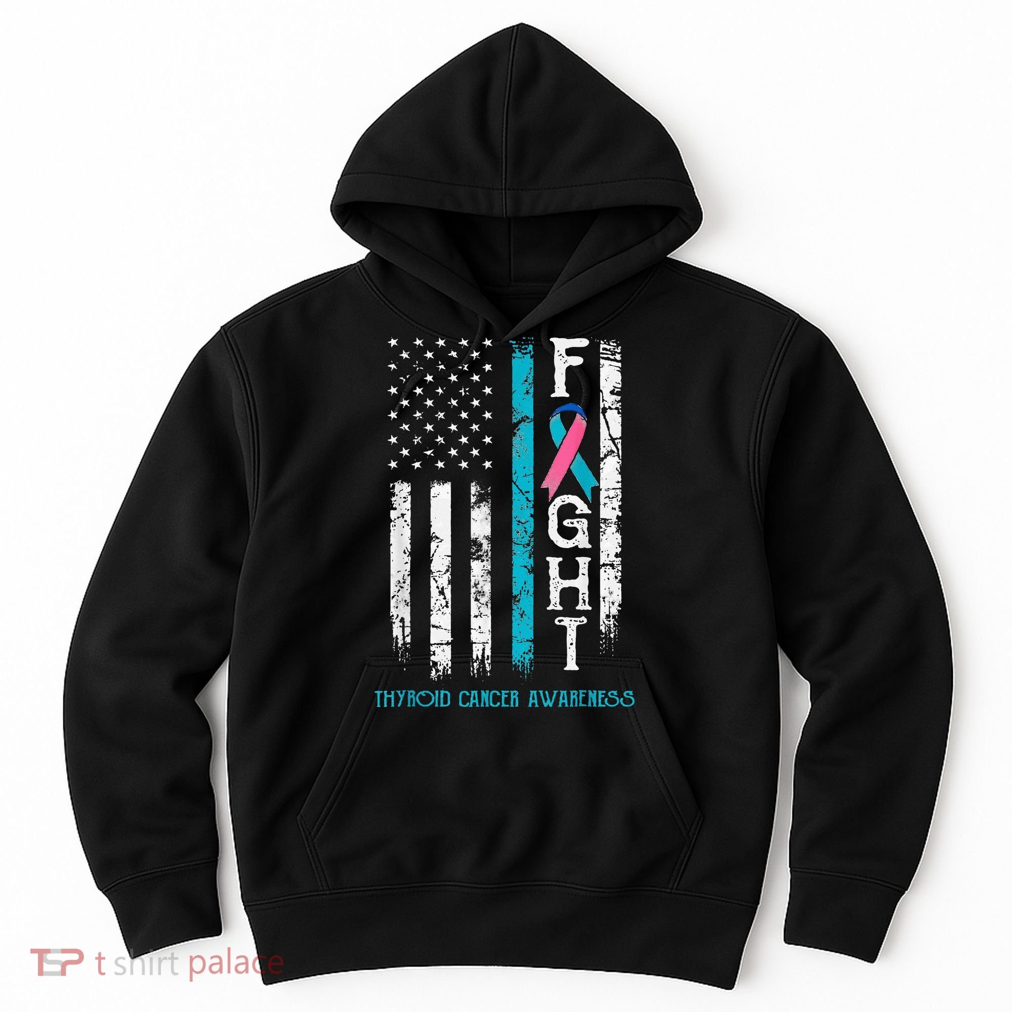 Thyroid Cancer Awareness Blue Pink Teal Ribbon Fight Flag Hoodie