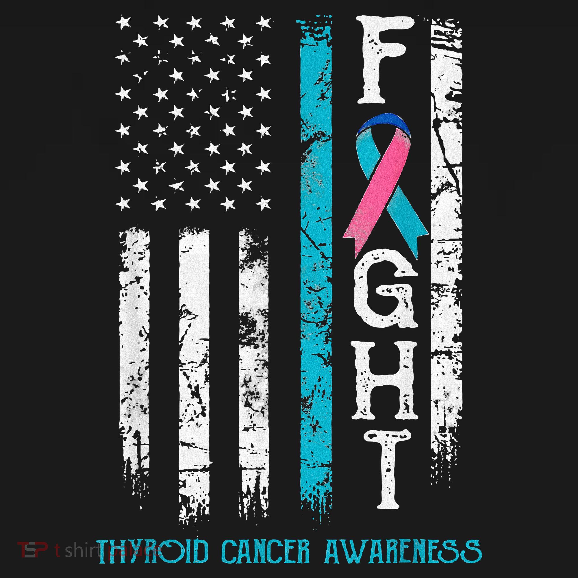 Thyroid Cancer Awareness Blue Pink Teal Ribbon Fight Flag Long Sleeve Shirt