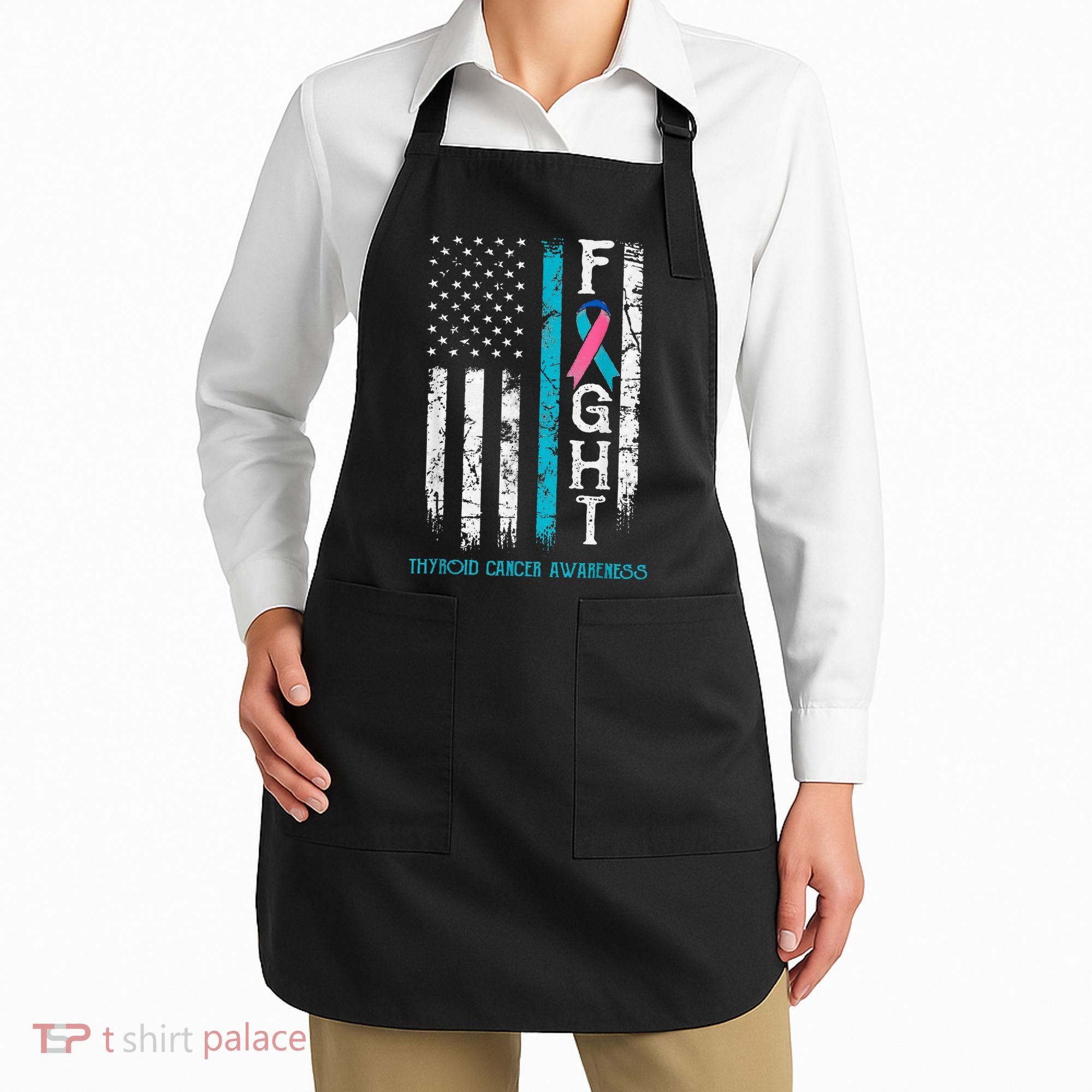 Thyroid Cancer Awareness Blue Pink Teal Ribbon Fight Flag Apron