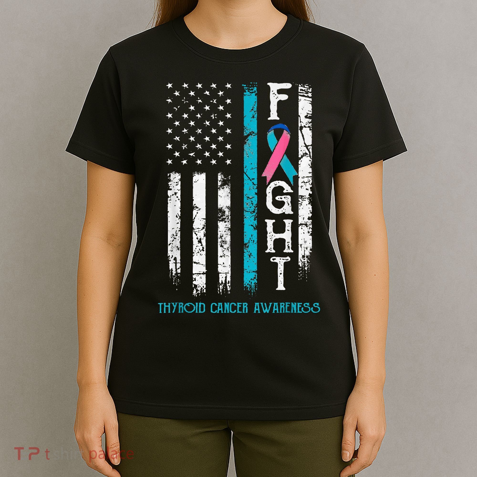 Thyroid Cancer Awareness Blue Pink Teal Ribbon Fight Flag T-Shirt