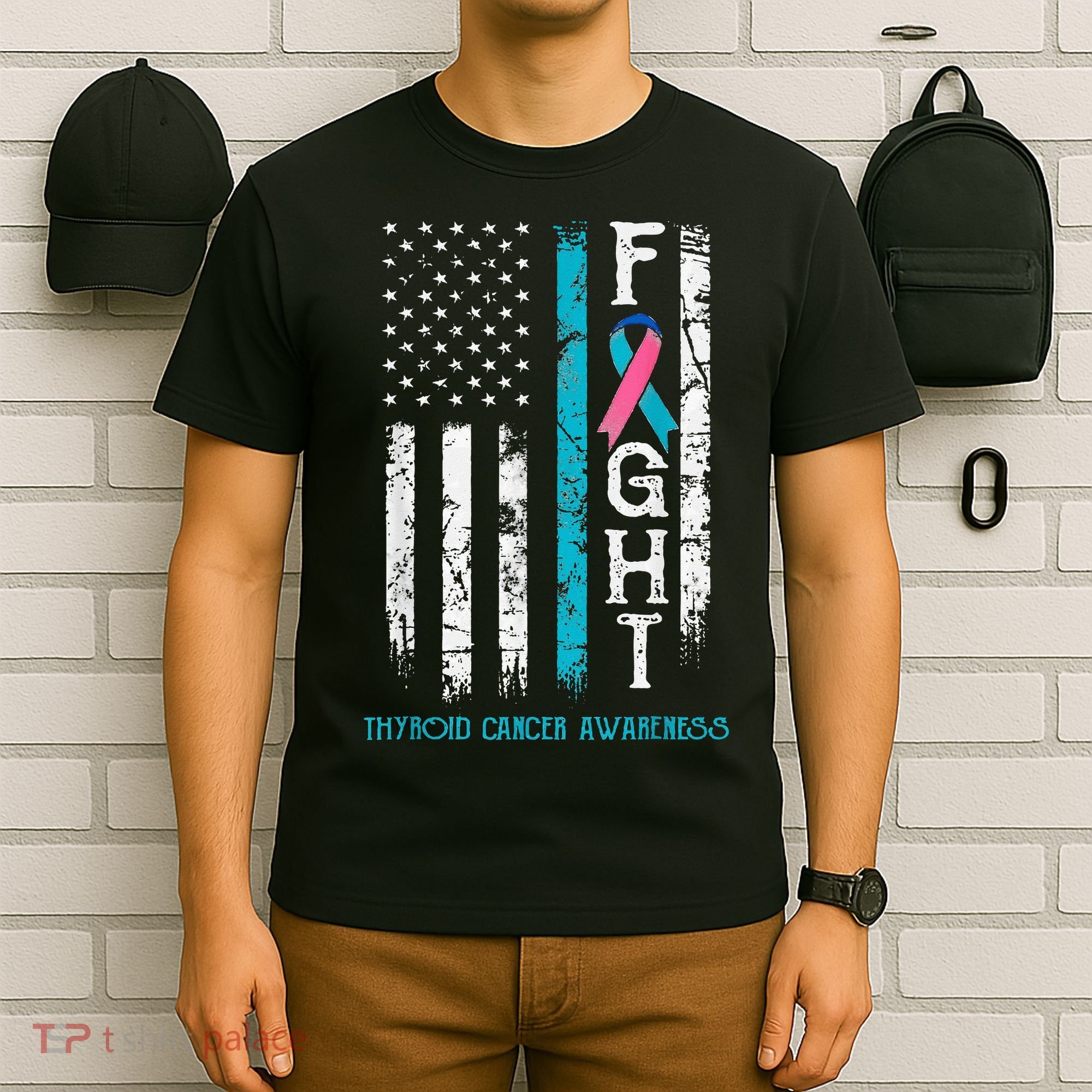 Thyroid Cancer Awareness Blue Pink Teal Ribbon Fight Flag T-Shirt