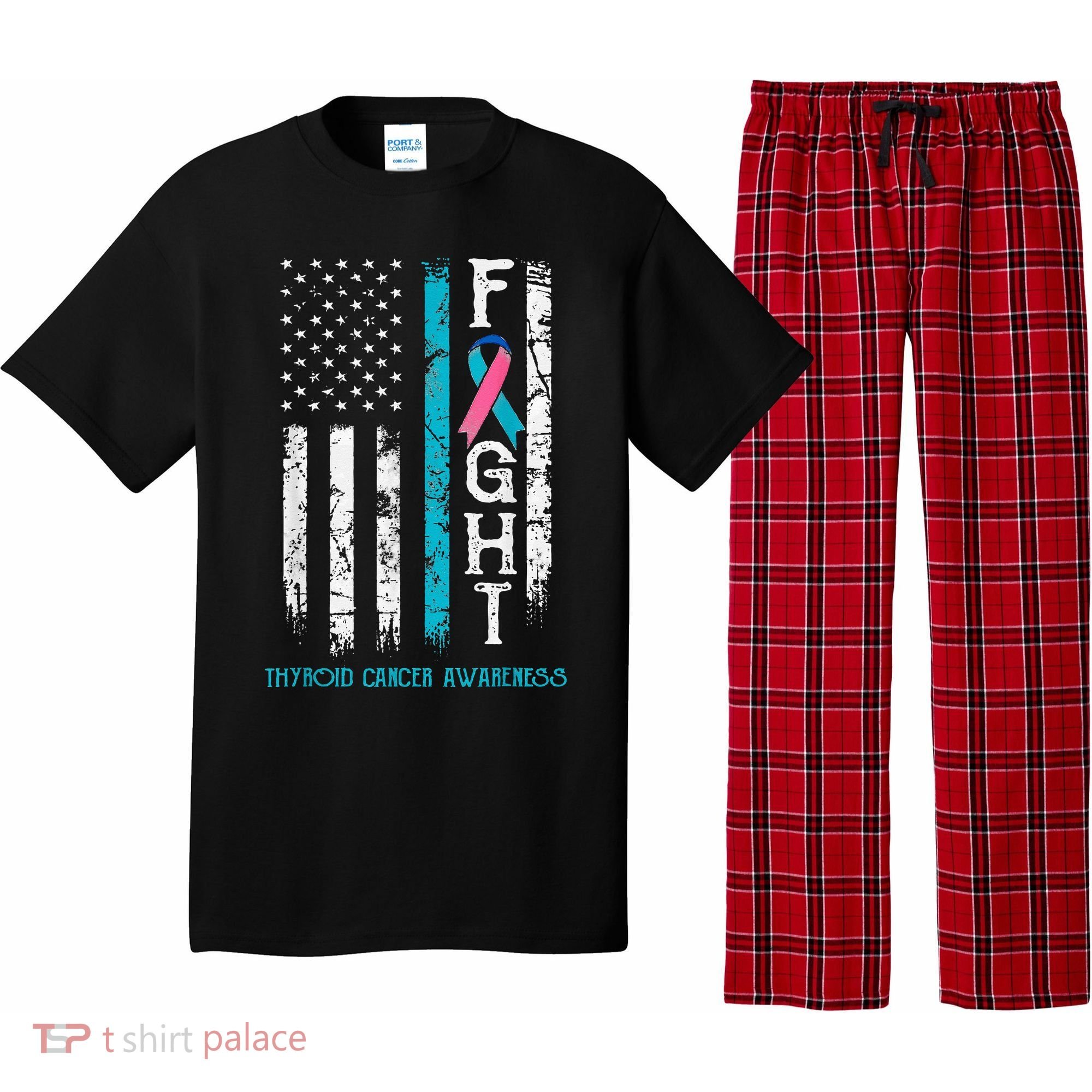 Thyroid Cancer Awareness Blue Pink Teal Ribbon Fight Flag Pajama Set