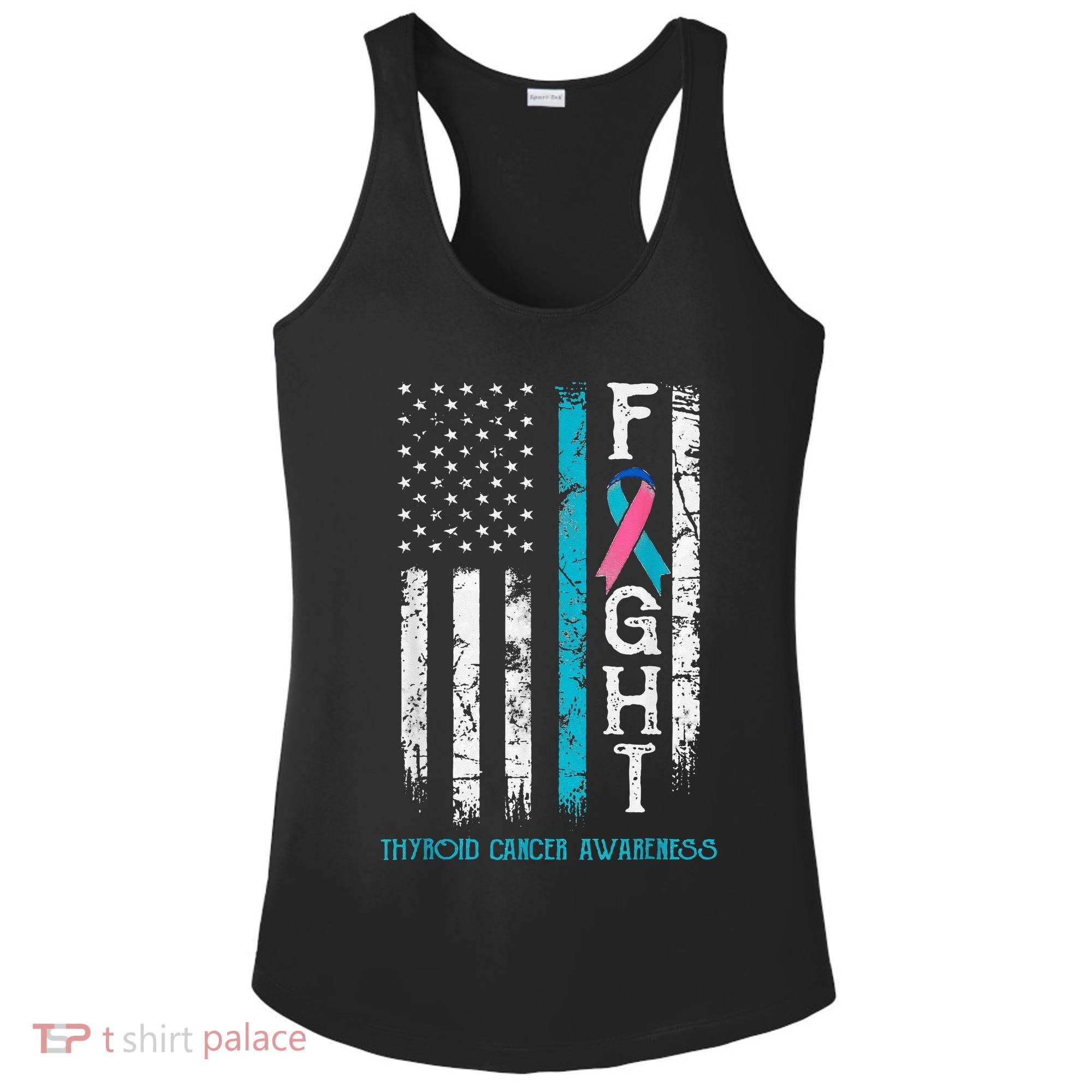 Thyroid Cancer Awareness Blue Pink Teal Ribbon Fight Flag Ladies PosiCharge Competitor Racerback Tank