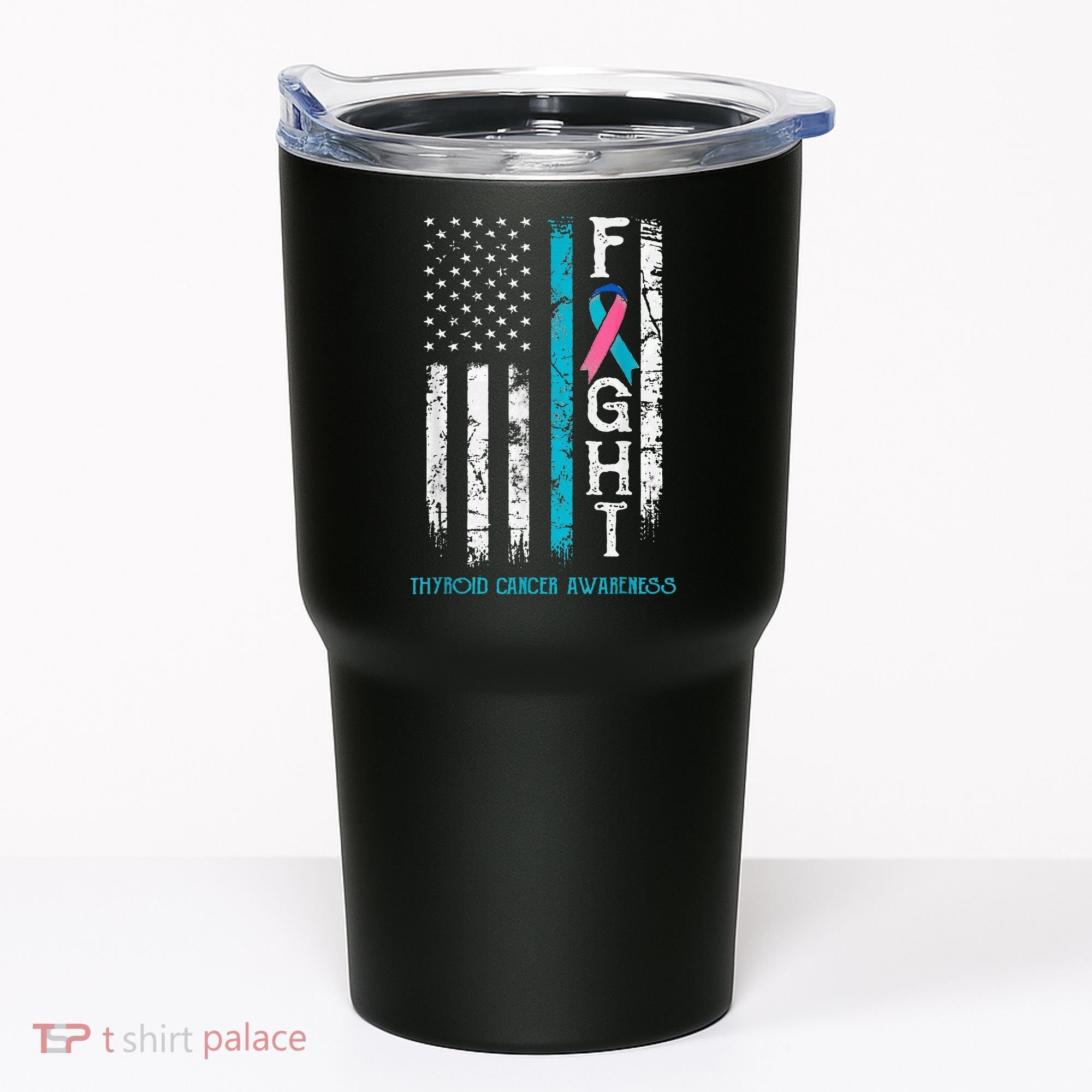 Thyroid Cancer Awareness Blue Pink Teal Ribbon Fight Flag Tumbler