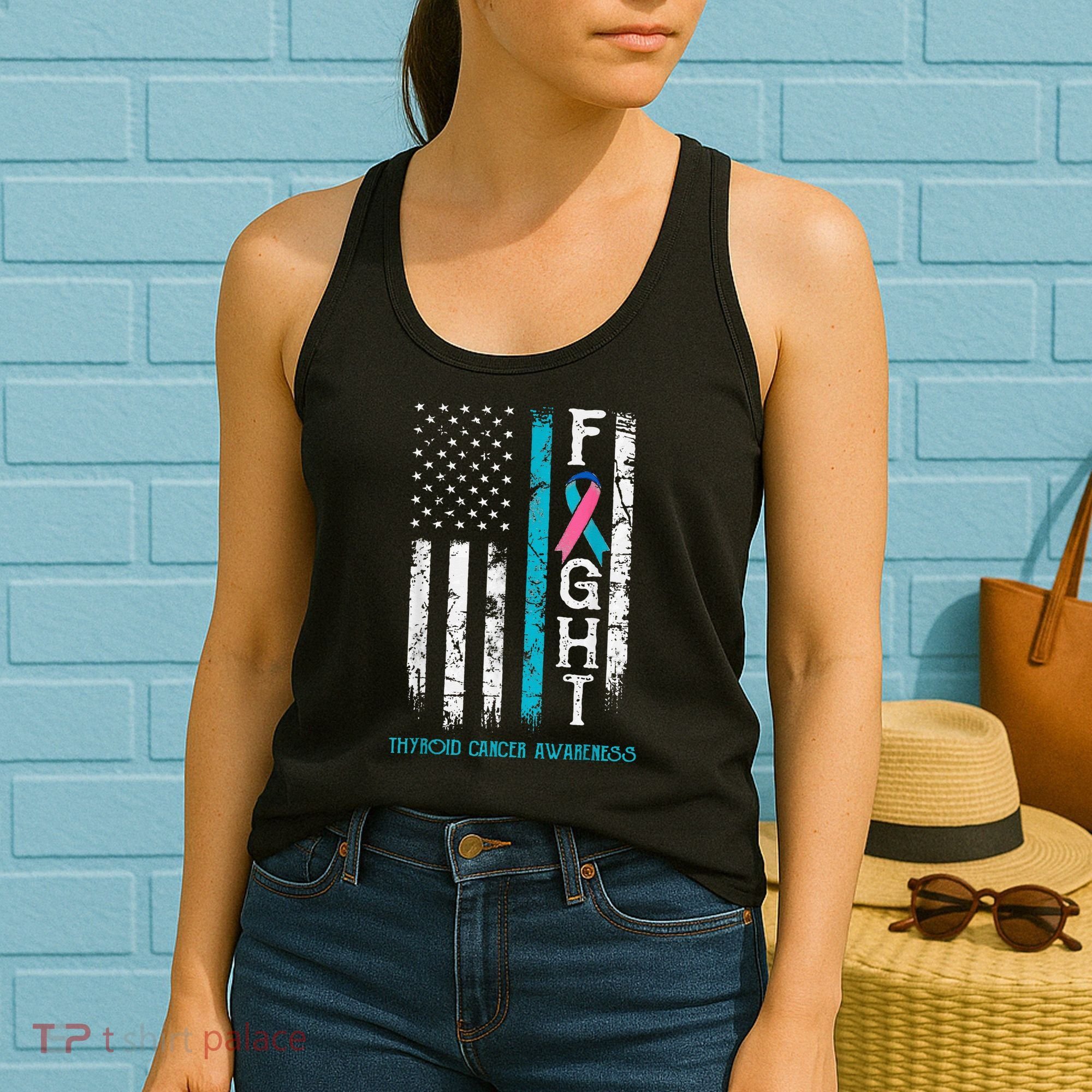 Thyroid Cancer Awareness Blue Pink Teal Ribbon Fight Flag Women's Tank Top