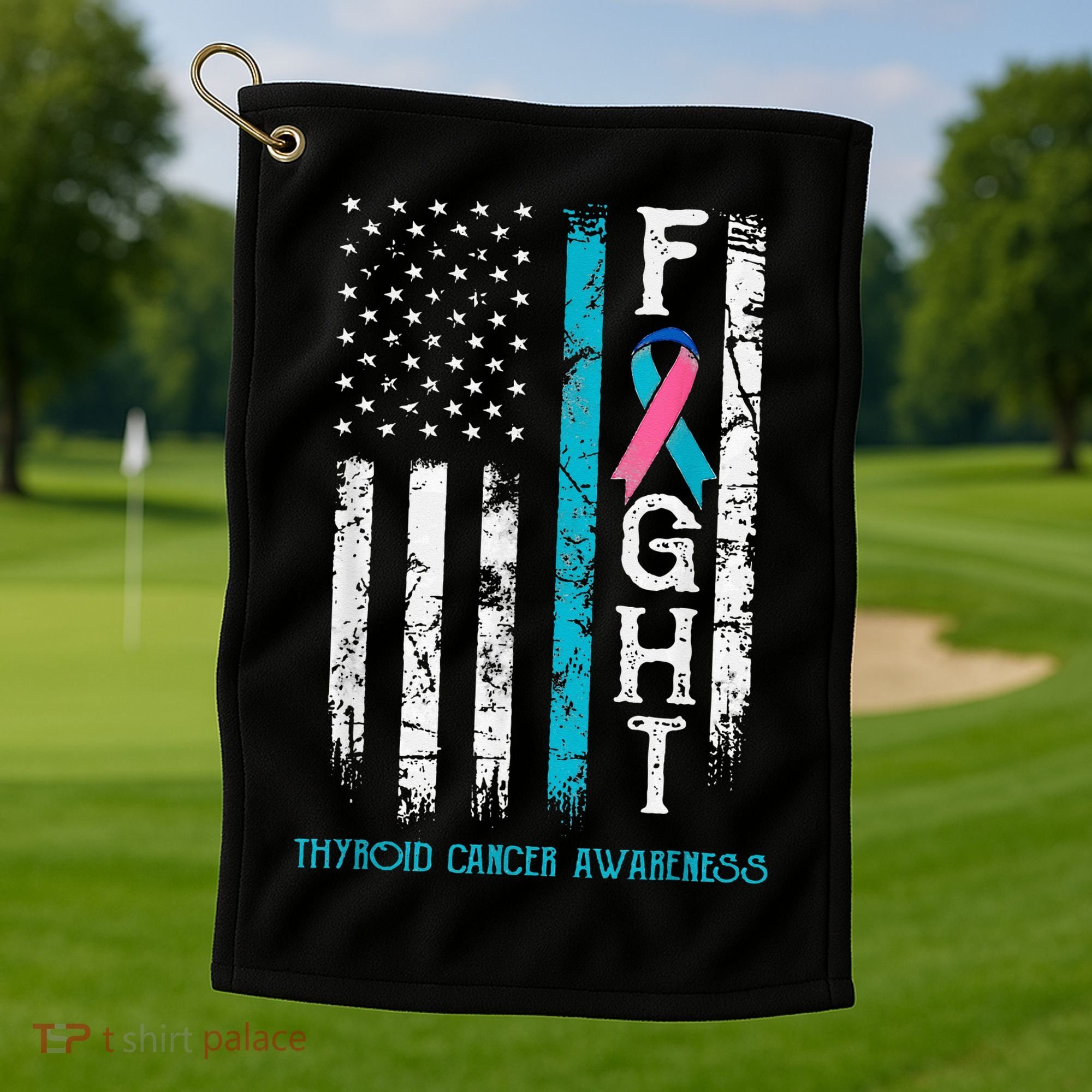 Thyroid Cancer Awareness Blue Pink Teal Ribbon Fight Flag Golf Towel