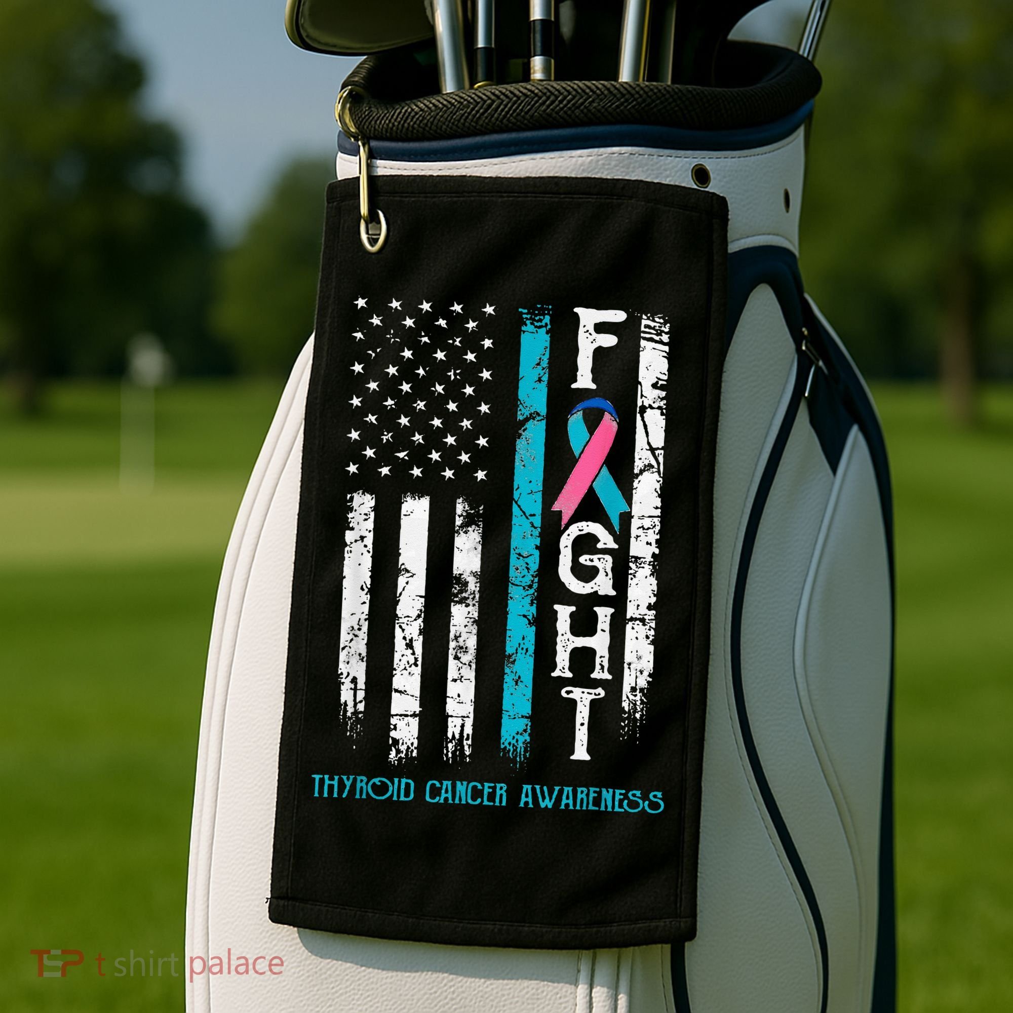 Thyroid Cancer Awareness Blue Pink Teal Ribbon Fight Flag Golf Towel