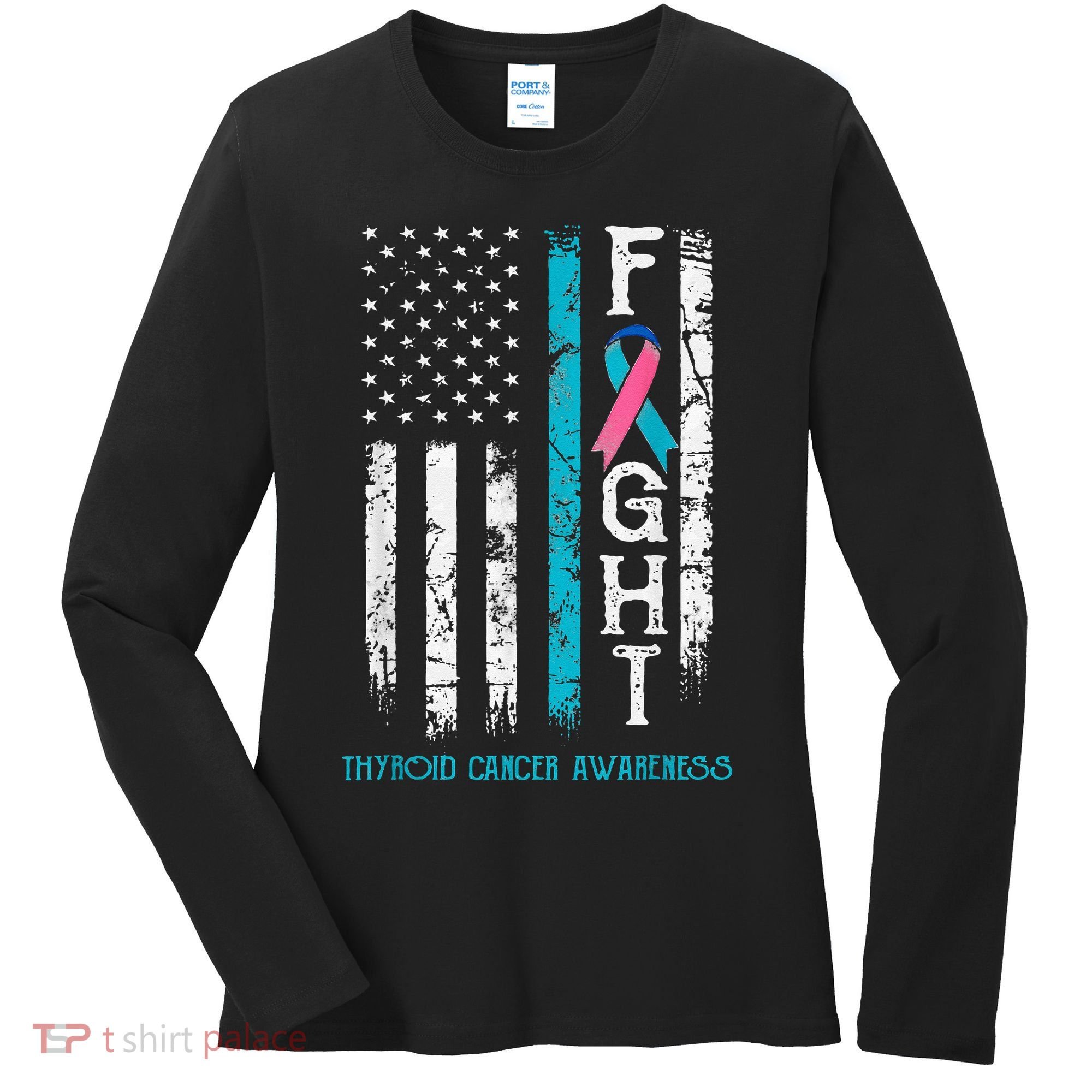 Thyroid Cancer Awareness Blue Pink Teal Ribbon Fight Flag Women's Long Sleeve Shirt